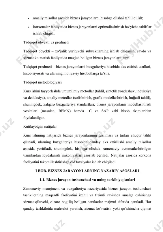 a’lumotlar yoki xomashyo. masalan, ishlab chiqarishda bu xomashyo bo‘lishi mumkin, xizmat ko‘rsatishda esa buyurtma shaklidagi ma’lumot. 2. jarayonning o‘zi (process) – bu kirish ma’lumotlarini maqsadli natijaga aylantiruvchi faoliyatlar majmui. jarayon ichida harakatlar ketma-ketlikda yoki tarmoqli shaklda bo‘lishi mumkin. 3. chiqariladigan mahsulot yoki xizmat (output) – jarayon natijasida yaratilgan qiymat. bu mahsulot, xizmat, hisobot, qaror yoki boshqa shakldagi foydali natija bo‘lishi mumkin. 4. ijrochilar (xodimlar yoki avtomatlashtirilgan tizimlar) – jarayonni bevosita amalga oshiruvchi shaxslar yoki texnologiyalar. jarayonlar inson, mashina yoki dasturiy vositalar yordamida bajarilishi mumkin. 5. resurslar – jarayonni amalga oshirishda foydalaniladigan moddiy, moliyaviy, mehnat va axborot resurslari. 6. mezon va ko‘rsatkichlar – jarayon samaradorligini baholovchi mezonlar: vaqt, xarajat, sifat, unumdorlik, mijoz qoniqishi kabi indikatorlar. 7. nazorat va tahlil tizimi – jarayonni kuzatish, uni o‘lchash va kerak bo‘lsa, to‘g‘rilovchi harakatlarni amalga oshirishga xizmat qiluvchi vositalar. biznes jarayonlarning xususiyatlari: · natijaga yo‘naltirilganlik: har bir jarayonning yakunida mijoz uchun foydali qiymat yaratilishi lozim. …