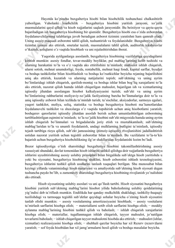 liklari - pul o’lchovi- so’m, tiyin, dollar, sent………. mehnat o’lchovi- kishi/kun, kishi/soat….. buxgalteriya hisobi yordamida mavjud moddiy qiymatliklar, pul mablag’larining harakati kuzatiladi va nazorat qilinadi, mahsulotni ishlab chiqarish va sotish bilan bog’liq xarajatlar aniqlanadi, xo’jalik faoliyatining moliyaviy natijalari va sub’ektlarning umumiy mulki haqidagi ma’lumotlar yig’iladi. buxgalteriya hisobi har qanday tizimda ham quyidagi uchta funksiyani bajaradi: 1) axborot berish, 2) nazorat qilish, 3) boshqaruv yechimlarini ishlab chiqish. bu funksiyalarni bajarishda buxgalteriya hisobi har xil usullar, texnika va shakllardan foydalanishi mumkin. shuning bilan birga, buxgalteriya hisobi har xil ijtimoiy tizimlarda muayyan ijtimoiy tizimning maqsadlariga qarab har xil vazifalarni bajarishi mumkin. buxgalteriya hisobining vazifalarini yaxshi tushunib olish uchun uning ob’ektlarini bilib olish lozim bo’ladi. sub’ektlardagi buxgalteriya hisobining ob’ektlarini quyidagi to’rt guruhga bo’lish mumkin: 1. sub’ektning mablag’ (resurs)lari: mehnat vositalari, tovar-moddiy boyliklar, pul mablag’lari, tayyor mahsulot, ustav fondi (kapitali), boshqa har xil jamg’armalar, kelgusidagi xarajatlar va to’lovlarning rezervlari, sub’ektlarning jamg’argan foydasi hisobidan yaratilgan har …