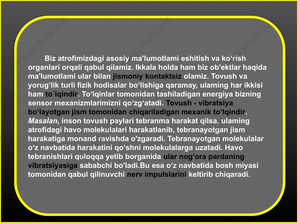 n farq qiluvchi tovushga shovqin deb aytiladi. mashinalaming vibratsiyasi, qarsaklar, gorelka alangasinig shovqini, shitirlash, g‘ichillash, so‘zlaganda chiqadigan undosh tovushlar va hokazolar shovqinga ta'lluqlidir. tovush zarba — bu tovushning qisqa muddatli ta'siridir: chapak chalinganda, portlash yuz berganda va hokazolarda hosil bo‘ladi. havoning siqilgan sohasini normal holatdagi sohadan ajratib turuvchi sirtga fizikada zarb to`lqin deb aytiladi. tovushning energetik xarakteristikasi mexanik to'lqin kabi uning intensivligi hisoblanadi. amalda tovushni baholashda uning intensivligidan emas, balki tovush to‘lqini suyuqlik va gaz muhitidan o‘tayotganda hosil bo‘ladligan qo‘shimcha tovush bosimidan foydalanish mukmin. yassi to‘lqin intensivligi, tovush to‘lqini bosimi bilan quyidagi ko‘rinishda bog‘langan: p - muhitning zichligi; с - tovushning muhitdagi tezligi. muhitning to'lqin qarshiligi yoki impedansi deb, p -с ko‘paytmaga aytiladi. tovush intensivligi darajalarining shkalasi quyidagi ko'rinishda tuziladi: ning qiymati shkalaning boshlang'ich darajasi qilib, boshqa har qanday i intensivlikni esa uning ga nisbatining o‘nli logrifmi orqali ifodalanadi: intensivlik darajasi bellarda yoki detsibellarda (db) o'lchanadi. tovush intensivligi shkalasidan farq …