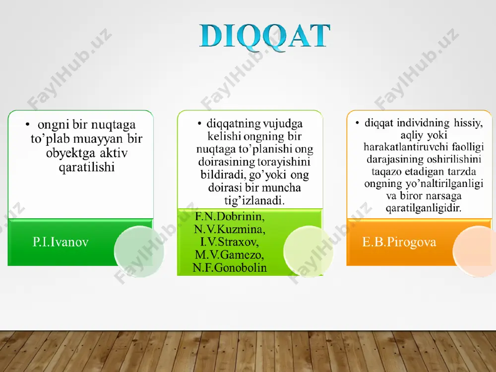 ggi diqqat deb tushunish mumkin. n.f.dobrinin diqqatning aktivligiga qarab ixtiyorsiz ixtiyoriy ixtiyoriydan so`nggi diqqatning obyektiga qarab tashqi ichki diqqatning aktivligiga qarab ixtiyorsiz ixtiyoriy ixtiyoriydan so`nggi diqqatning obyektiga qarab tashqi ichki diqqatning faoliyat turlariga qarab individual guruhiy jamoaviy diqqat xususiyatlari diqqatning kuchi va barqarorligi deb, odam o’z diqqatini biror narsa yoki hodisaga uzoq muddat davomida muttasil qaratib tura olishiga aytiladi. birinchidan, diqqatimiz qaratilgan narsaning xususiyatlari, biz uchun bo’lgan ahamiyatiga ikkinchidan, diqqatimiz qaratilgan narsa bilan amalga oshiriladigan faoliyatlarimizga uchinchidan, nerv sistemasining ayrim xususiyatlariga odamning ayni chog’dagi holati diqqatning ko’lami ayni bir vaqtda odamning idrokiga sig’ishi mumkin bo’lgan narsalar miqdori bilan belgilanadi. boshqacharoq qilib aytganda, idrok qilish jarayonida diqqatimiz qaratilgan narsalardan qanchasini ongimizga sig’dira olishimiz diqqatning ko’lamini tashkil etadi. diqqatning bo’linishi deganda biz ayni bir vaqtda diqqatimizni ikki yoki uch narsaga qaratishimizga aytamiz. agar diqqatimiz bitta narsaga qaratilgan bo’lsa, ya'ni diqqatimiz bitta narsa ustida to’plangan bo’lsa, uni konsentrasiyalashgan (to’plangan) diqqat deb yuritiladi. buning …