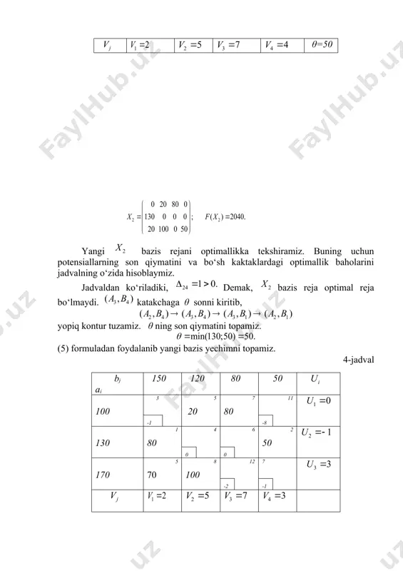 vodlari qurilish ob`ektlаri zavodlarning ishlab chiqarish quvvati 18 13 11 15 500 12 21 16 14 850 10 16 14 15 600 betonga bo‘lgan tаlаb hаjmi 400 550 700 300 umumiy transport xarajatlarini minimallashtiruvchi tashish rejasini aniqlang. 23. 3 ta omborxonada guruch saqlanadi. ulardan birinchisida 135 tonna, ikkinchi va uchinchisida mos ravishda 165 va 160 tonnadan guruch zaxirasi mavjud. bu guruchlar 4 ta do‘konga yuboriladi. birinchi do‘konning guruchga bo‘lgan talabi 110 tonna, ikkinchisiniki 120 t., uchinchi va to‘rtinchi do‘konlarning talabi mos ravishda 110 tonna va 120 tonnani tashkil qiladi. 1 tonna mahsulotni tashish uchun sarf qilinadigan transport xarajatlari matritsasi quyidagi ko‘rinishga ega. qaysi omborxonani qaysi do‘koniga biriktirilganda sarf qilinadigan umumiy transport xarajatlari minimal bo‘ladi? 24. uchta fermer xo‘jaligidan 4 ta paxta tozalash zavodlariga paxta yuboriladi. fermer xo‘jaliklardagi paxta zaxirasi, paxta tozalash zavodlarining talabi va bir tonna paxtani tashish uchun sarf qilinadigan transport xarajatlari quyidagi jadvalda aks ettirilgan. fermer xo‘jaliklari paxta …