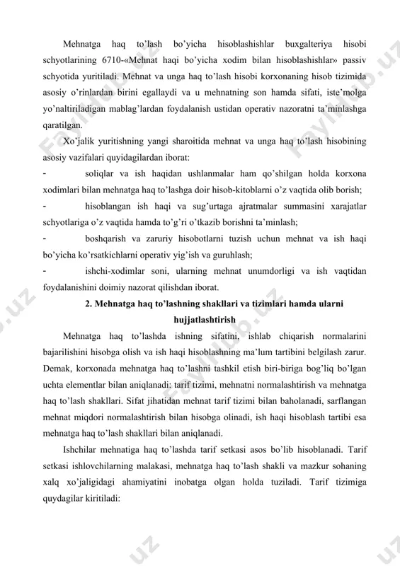 demak, korxonada mehnatga haq to’lashni tashkil etish biri-biriga bog’liq bo’lgan uchta elementlar bilan aniqlanadi: tarif tizimi, mehnatni normalashtirish va mehnatga haq to’lash shakllari. sifat jihatidan mehnat tarif tizimi bilan baholanadi, sarflangan mehnat miqdori normalashtirish bilan hisobga olinadi, ish haqi hisoblash tartibi esa mehnatga haq to’lash shakllari bilan aniqlanadi. ishchilar mehnatiga haq to’lashda tarif setkasi asos bo’lib hisoblanadi. тarif setkasi ishlovchilarning malakasi, mehnatga haq to’lash shakli va mazkur sohaning xalq xo’jaligidagi ahamiyatini inobatga olgan holda tuziladi. тarif tizimiga quydagilar kiritiladi: - bir soat yoki bir kunlik mehnatiga to’lanadigan haq miqdorini belgilovchi tarif stavkasi; - haq to’lashda ish va ishchilarning (malakasi) turli razradlari orasidagi munosabatlarini ko’rsatuvchi tarif setkasi; - tarif-malakaviy ma’lumotnoma. uning yordamida tarif setkasiga binoan ish va ishchining razradi aniqlanadi. oddiy ishlar 1-razradli ishchining tarif stavkasi bilan to’lanadi. mehnat malakasi darajasiga, ya’ni belgilangan tarif razryadi va tarif koeffitsiyentiga, qarab qolgan razradlarning tarif stavkalari bu razraddan ortiq bo’ladi. тarif razradi har bir …