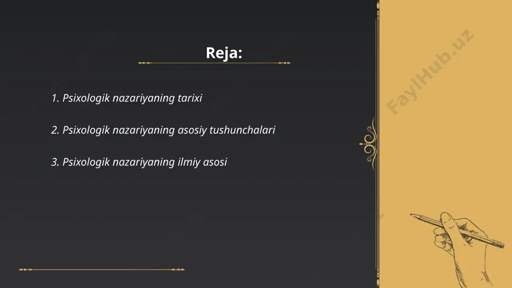 ari surganda, inson ruhiy holatlarining inkshootiga e'tibor qaratildi. ivan pavlovning reflekslar nazariyasi, 1927-yilda, hayvonlarda shartli reflekslarni o'rganish orqali rivojlandi. 1950-yillarda kognitiv psixologiyaning paydo bo'lishi bilan inson ongining jarayonlarini ilmiy tadqiq qilish imkoniyati oshdi. ushbu nazariyalar psixologiyaning ilmiy asoslarini mustahkamlab, turli yo'nalishlarda rivojlanayotgan tadqiqotlarga zamin yaratdi. ... t.me/slaydai_bot 4. psixologik nazariyaning tadqiqot metodlari psixologik nazariyani tadqiq qilish metodlari turli xil usullarni o'z ichiga oladi. eksperimental metod orqali psikologik hodisalarni nazorat ostida tadqiq etish mumkin. kuzatish metodi yordamida hodisalarni tabiiy sharoitda qayd etiladi. intervyu va so'rovnomalar ma'lumotlar yig'ish uchun qo'llanadi, masalan, gruppalar bilan o'tkaziladigan suhbatlar. testlar individual yoki guruhning psixologik xususiyatlarini o'rganishda qo'llaniladi. statistik tahlil orqali yig'ilgan ma'lumotlarni chukurroq, chuqurroq tahlil qilish imkoni yaratadi. ushbu metodlar psixologik nazariyalarning asoslanishi, modellashtirish va amaliyotda qo'llanishini tushunishga yordam beradi. har bir metodning afzalliklari va cheklovlari bor, ularni birgalikda qo'llash to'liqroq tasavvurga ega bo'lishga imkon beradi. ... t.me/slaydai_bot psixologik nazariyaning eksperimental bazasi psixologiya fanining asoslarini tushunish …