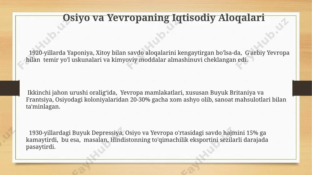 anatini tubdan oʻzgartirdi. ikkinchi jahon urushi boshlanishidan oldin, janubi-sharqiy osiyo mamlakatlari, jumladan, indoneziya va filippin, evropa mustamlakachiligining ogʻir yukini his qilishgan va mustaqillik uchun kurash olib borishgan. ikkinchi jahon urushiga tayyorgarlik ikkinchi jahon urushi arafasida yaponiya manchjuriyani (1931) egallab oldi, bu esa osiyoda katta miqyosdagi harbiy mojarolarga sabab bo'ldi va evropalik davlatlarning tashvishlariga sababchi bo'ldi. 1936-yilda germaniya va italiyaning ispaniyadagi fuqarolar urushidagi ishtiroki aks kuchlar o'rtasidagi kurashni kuchaytirdi va butun dunyo bo'ylab yangi urush xavfini yuzaga keltirdi. germaniyaning 1930-yillardagi rearmamentsiyasi va avstriyani anneksiyasi (1938) yevropada taranglikni kuchaytirdi va ikkinchi jahon urushi boshlanishiga muhim omil bo'ldi. e'tiboringiz uchun rahmat @taqdimot_robot image3.png image4.png