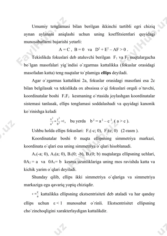 i orasidagi masofa 10 birlikka teng bo`lgan giperbola tenglamasini tu-zing. giperbola fokuslari abssissa o`qida yotadi deb qarab, uning kanonik tenglamasini tuzamiz: . fokuslar orasidagi masofa f1f2 = 2c = 10 bo`lganidan, c = 5. giperbola uchun c2 = a2 + b2 bo`lganidan va berilganidan foydalanib, quyidagi sistemani tuzamiz va uni yechamiz: sistema yechimi: va . demak, giperbola tenglamasi kanonik tenglamadan iborat (5–rasm). parabola va uning kanonik tenglamasi tekislikda fokusi deb ataluvchi berilgan f nuqtadan va direktrisasi deb ataluvchi berilgan dd( to`g`ri chiziqdan teng masofada yotuvchi nuqtalar tuplamiga parabola deyiladi. abssissa o`qi f fokus nuqtadan dd( direktrisaga perpendikulyar ravishda o`tuvchi, ordinata o`qi esa fokus va direktrisalarning o`rtasidan o`tuvchi koordinatalar sistemasi tanlasak, parabola tenglamasi quyidagi kanonik ko`rinishni oladi y2 = 2 p x, bu yerda, p – fokus va direktrisa orasidagi masofa. direktrisa tenglamasi , fokus esa f( ; 0 ) (6 – rasm). koordinatalar boshi parabola uchi, abssissa o`qi esa uning …