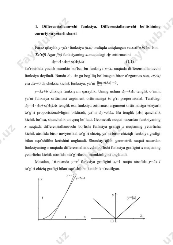 erksiz (oraliq) o`zgaruvchi bo`lganda ham bir xil ko`rinishda bo`ladi: differensial hosila va hosila qaysi o`zgaruvchi bo`yicha olinayotgan bo`lsa o`sha o`zgaruvchi differensiali ko`paytmasiga teng bo`ladi. bu xossa differensial ko`rinishning invariantligi deyiladi. shuni aytib o`tish lozimki, bu xossada faqat differensial formasining saqlanishi haqida gap boradi. agar x erkli o`zgaruvchi bo`lsa, u holda dx=(x; x erksiz o`zgaruvchi bo`lsa, u holda, umuman olganda, dx((x bo`ladi. misol. berilgan. 1) x erkli o`zgaruvchi bo`lganda va 2) x=t5+t2-3 bo`lganda dy ni hisoblang. yechish. 1) (2.2) formulaga ko`ra 2) differensial formasining invariantlik xossasidan foydalansak, bo`lib, ga ega bo`lamiz. yuqorida ta`kidlaganimizdek, x0 nuqtada differensiallanuvchi y=f(x) funksiya uchun (y(f`(x0)dx, ya`ni (y(dy taqribiy tenglik o`rinli. shu taqribiy tenglik matematik analizning nazariy va tatbiqiy masalalarida muhim ahamiyatga ega bo`lib, differensialning mohiyatini belgilaydi. yuqoridagi tenglikda (y=f(x)-f(x0), (x=x-x0 deb olsak, quyidagi tenglikka ega bo`lamiz: f(x)-f(x0) (f`(x0)( x-x0) yoki f(x) ( f(x0)+f`(x0)( x-x0) (4.1) (4.1) formula funksiya qiymatlarini taqribiy hisoblashda keng qo`llaniladi. masalan, f(x)= funksiya …
