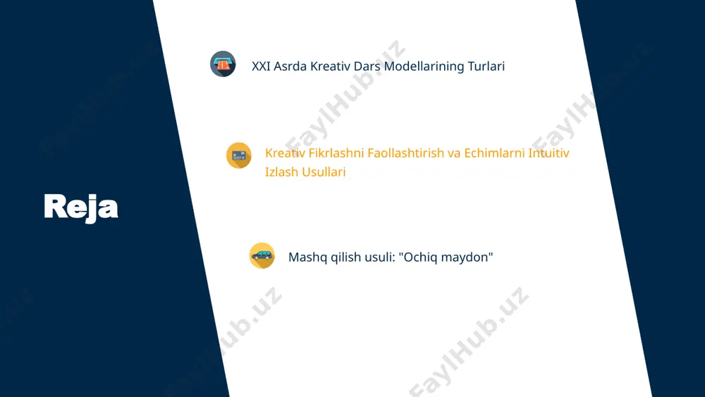 i. "fikrlash xaritasi" modeli (mind mapping) 44 asosiy xususiyatlari: fikrlarni vizual tasvirlash. g‘oyalar o‘rtasidagi bog‘liqlikni tushunish. yangi innovatsion g‘oyalarni yaratish. ushbu model o‘quvchilarning fikrlarini vizual tarzda ifoda etish orqali ijodiy fikrlashni rag‘batlantiradi. fikrlash xaritalari asosida o‘quvchilar yangi g‘oyalarni hosil qiladi va ularni tizimli tartibda joylashtiradi. hamda yana ikkita model 40% sahna (drama) modeli: o‘quvchilarni muayyan mavzu asosida rolli o‘yinlar orqali bilim olishga yo‘naltiradi. bu usul orqali ular ijodiy tafakkurini rivojlantiradi va muloqot ko‘nikmalarini oshiradi. gamifikatsiya (o‘yinga asoslangan o‘qitish): ta’lim jarayoniga o‘yin elementlarini qo‘shish orqali o‘quvchilarni faollashtirish. gamifikatsiya kreativ darsni interaktiv va qiziqarli qiladi. kreativ fikrlashni faollashtirish va echimlarni intuitiv izlash usullari ijodiy fikrlashni rivojlantirish o‘quvchilarning yangi g‘oyalar yaratish, noan’anaviy yondashuvlar ishlab chiqish va muammolarni samarali hal qilish qobiliyatini oshiradi. quyidagi usullar kreativ fikrlashni rag‘batlantirishda samarali hisoblanadi: o a s b o‘zgacha savollar berish usuli "sakkizta g‘oya qoidasi" usuli beystorming (brainstorming) “nega?” usuli n analogiyalar usuli: o‘zgacha savollar berish usuli o‘quvchilarga …