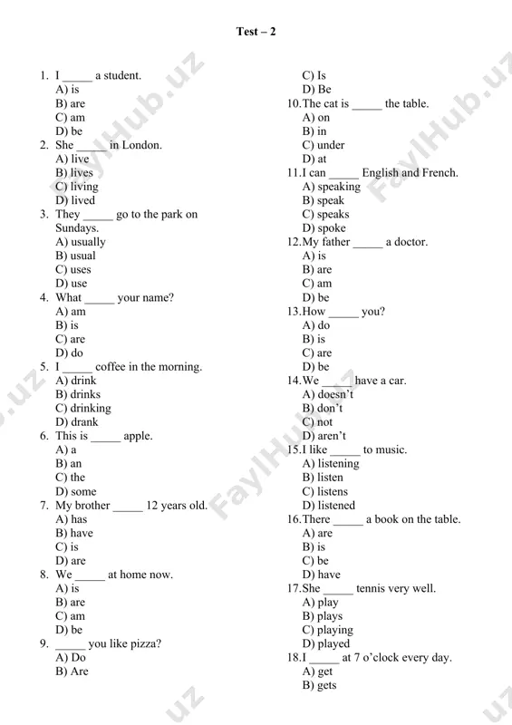 e _____ to buy a new car soon. a) will b) is going c) is going to d) goes 7. you _____ park here. it’s forbidden. a) can b) must c) mustn’t d) have to 8. we _____ wear a uniform at school. a) must b) can c) don’t have to d) should 9. i think you _____ see a doctor. a) must b) should c) can d) have to 10. this test is _____ than the previous one. a) easy b) more easy c) easier d) easiest 11. that was the _____ day of my life! a) bad b) worse c) worst d) baddest 12. there aren’t _____ people in the shop. a) much b) many c) a lot d) some 13. we have _____ milk in the fridge. a) any b) a c) some d) many 14. how _____ money do you need? a) many b) much c) …