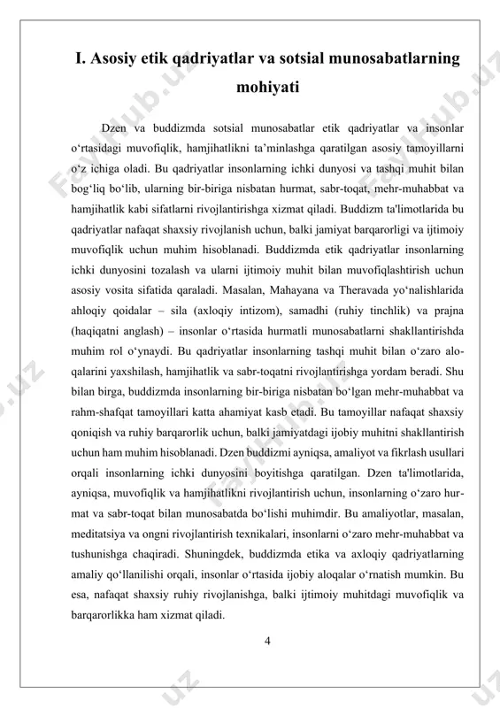 muhitni yaxshilash usullari dzen va buddizmda sotsial munosabatlar muhim ahamiyatga ega bo‘lib, insonlar o‘rtasidagi muvofiqlik, hamjihatlik va mehr-muhabbatni rivojlantirishga qaratilgan. bu munosabatlarning asosiy tamoyillari insonlarning ichki dunyosi va tashqi muhit bilan bo‘ladigan aloqalarini yaxshilashga xizmat qiladi. buddizm ta'limotlari insonlar o‘rtasidagi hurmat, sabr-toqat, hamjihatlik va mehr-muhabbat kabi qadriyatlarni asosiy ahamiyatga ega qiladi. bu qadriyatlarning amaliy qo‘llanishi orqali jamiyatda ijtimoiy muhit yaxshilanadi, insonlar o‘rtasida ijobiy aloqalar o‘rnatiladi va umumiy farovonlik ta'minlanadi. buddizmda sotsial munosabatlarning rivojlanishi uchun turli amaliyotlar va etika qoidalari ishlab chiqilgan. mahayana va theravada yo‘nalishlarida, ayniqsa, insonlarning bir-biriga nisbatan mehr-muhabbat va sabr-toqat bilan munosabatda bo‘lishlari uchun tavsiyalar mavjud. masalan, "metta" (mehr-muhabbat) va "karuna" (komil his qilish) kabi amaliyotlar insonlarning o‘zaro mehr-muhabbat bilan muomala qilishlarini rivojlantirishga yordam beradi. bu amaliyotlar nafaqat shaxsiy ruhiy holatni yaxshilashga, balki jamiyatda hamjihatlik va muvofiqlikni mustahkamlashga xizmat qiladi. shuningdek, buddizmda sotsial munosabatlarni yaxshilash uchun etik qadriyatlar va amaliyotlar o‘rgatiladi. masalan, to‘g‘ri fikrlash, so‘z, va amal qilish …
