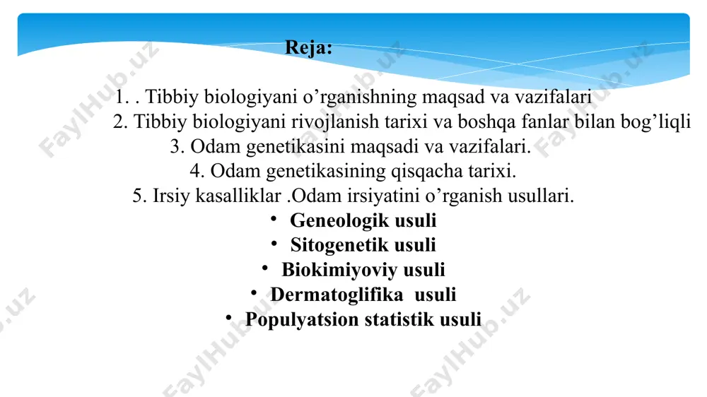 anadi. odamlarning o’rtacha umr ko’rishini uzaytirilishiga qaratilgan qiziqishlar qarilik muammolarini o’rganish yo`nalishini ochib berdi va gerontologiya fanining rivojlanishiga sabab bo’ldi. organizmlarning tuzilishi, funksional holat­lari, xulq-atvori, yashash muhiti bilan organizmlar o’rtasidagi o`zaro munosabatni va ta­rixiy rivojlanishini o’rganish morfologiya, fiziologiya, etologiya, ekologiya, evolyutsion ta'limot kabi fanlar paydo bo’lishiga olib keldi. hayotiy jarayonlarni o'rganish hayotiy jarayonlarda biologik makromolekulalar (nuklein kislota va oqsillaming) rolini aniqlash irsiy axborotlarni saqlash ularni hujayralar tomonidan uzatilishi va ishlatilishi qonuniyatlarini o'rganish molekular biologiyaning asosiy yo’nalishi tiriklikning rivojlanish darajalari: molekulyar daraja; sub hujayraviy daraja; hujayra darajasi; to’qima darajasi organ darajasi organizm darajasi; populyatsiya tur darajasi; biogeotsenoz darajasi; biosfera darajasi tibbiy biologiya va irsiyat fanlari fundamental fanlar qatoriga kirib, shifokorlar dunyoqarashlarini shakllantirishda katta ahamiyatga ega. inson boshqa hamma tirik organizmlardan o‘ zining biologik va ijtimoiy jihatdan rivojlangan mavjudot ekanligi bilan farqlanadi. shuning uchun ham biologik qonuniyatlarni yaxshi tushunmasdan amaliy tibbiyotda yaxshi natijalarga erishish mumkin emas. biologiya — tibbiyotning nazariy asosi ekanligini …