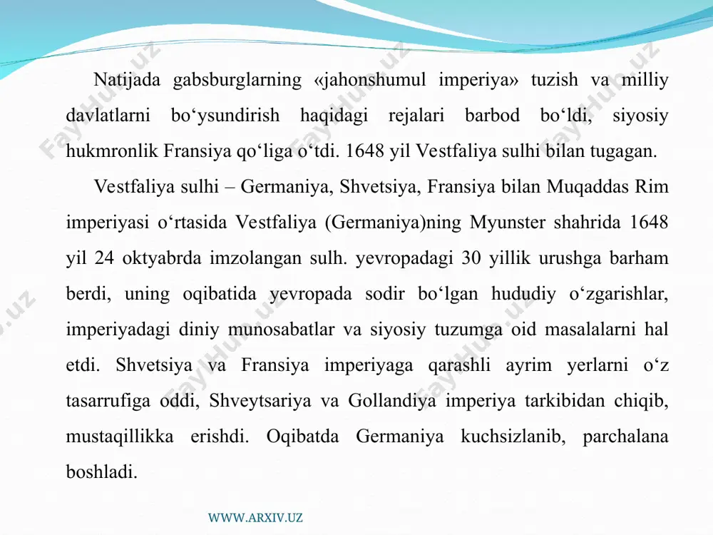 y yordam ko‘rsatdi. yakobinchilar diktaturasi o‘rnatilishi bilan, fransuz qo‘shinlari 1794 yilning boshiga kelib o‘z davlatining yerlarini interventlardan tozalashga erishdi va urush dushman hududlariga ko‘chirildi. www.arxiv.uz www.arxiv.uz iyun oyida fleryus qishlog‘i (belgiya) yonida fransuzlar avstriya armiyasining asosiy kuchlarini tor - mor etishdi. koalitsiya (ittifoq) mag‘lubiyatga uchradi. fransiyaning o‘zida esa 9 termidor aksilinqilobiy to‘ntarilishi ro‘y berdi, yakobinchilar diktaturasi quladi. biroq ushbu xokimiyat almashuvi ham uzoqqa cho‘zilmadi. direktoriyaning o‘rniga napoleon bonapart keldi va o‘zining yakka hokimiyatini o‘rnatdi. konsullik va birinchi imperiya davrida fransiya to‘xtovsiz urushlar olib bordi. bosib olingan mamlakatlarni fransuz mollari sotiladigan bozorlarga va fransiya sanoati uchun xomashyo manbasiga aylantirish siyosati olib borildi. angliya va fransiya ushbu shartnomani qora dengiz bo‘g‘ozlariga oid boshqa bitim bilan almashtirishga harakat qilishdiki, bu yerda ularning ta'siri ustunlikka erishish lozim edi. angliya turkiya va misr o‘rtasida 1839 yilda yangi urushning boshlanishiga erishdi. ushbu urushda turklar to‘la mag‘lub bo‘ldilar. www.arxiv.uz www.arxiv.uz sulton inglizlar ta'siri ostiga ko‘proq tushib bordi. …