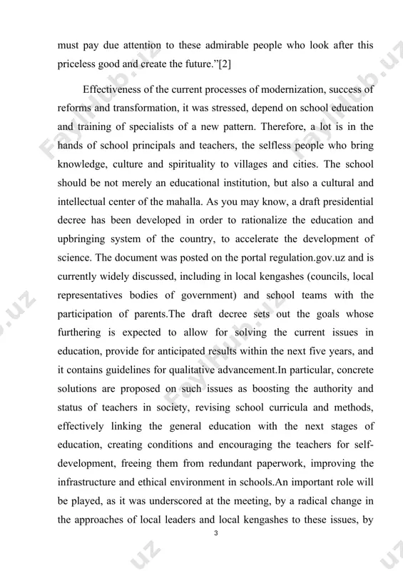 mphasized that it is essential, first of all, to revise the teaching load and the number of lessons in schools, to create a methodology aimed less at strict memorization of the material and more at encouraging students to reason and analyze.the experience of finland was cited as an example. this scandinavian nation is one of the most advanced in the world in terms of general literacy, science and mathematics.[3] “if we fail to change the learning methodology in schools, neither will the quality of education transform,” shavkat mirziyoyev suggested. the president stressed the importance of examining the brightest curricula around the world and introducing them in our country’s general school education. the ministry of public education was instructed to devise a national curriculum banking on the experience learned and launch its experimental implementation in the learning process starting from the 2023/2024 academic year.for the effective introduction of new approaches, all …