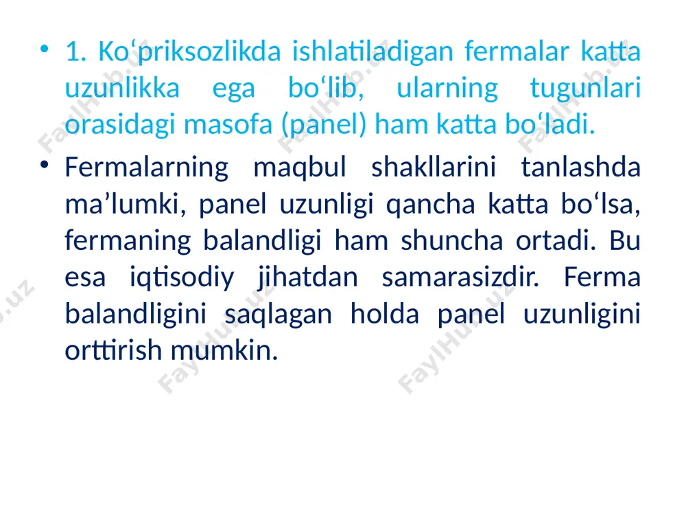 ariladi. ya’ni shprengel alohida mustaqil ferma sifatida hisoblanadi. birinchi tifali sterjenlar zo’riqishlari asosiy fermadan, ikkinchi toifadagi sterjenlar zo’riqishlari shprengeldan, uchinchi toifa sterjen zo’riqishlari asosiy ferma sterjenlaridagi zo’riqishlarni shprengelni shu sterjen bilan ustma-ust tushgan sterjenidagi zo’riqishga qo’shish orqali aniqlanadi. 3. shprengelli fermalarni harakatlanuvchi yuklar ta’siriga hisoblash shprengelli ferma tayanch reaksiyalarining ta’sir chiziqlari oddiy ferma tayanch reaksiyalari kabi quriladi. shprengelli ferma sterjenlari zo‘riqishlarning ta’sir chizig‘ini chizishdan oldin tekshirilayotgan sterjen qaysi toifaga tegishli ekanligini aniqlash kerak bo‘ladi. misol. 8.3-rasm, a ko‘rsatilgan poligonal shaklli ikki pog‘onali shprengelli fermaning 4-4′ sterjeni zo‘riqishining ta’sir chizig‘i qurilsin. р=1 yuk fermaning pastki belbog‘i bo‘ylab harakatlanadi. image1.png image2.png image3.png image4.png image5.png image6.png image7.png image8.png image9.png /docprops/thumbnail.jpeg