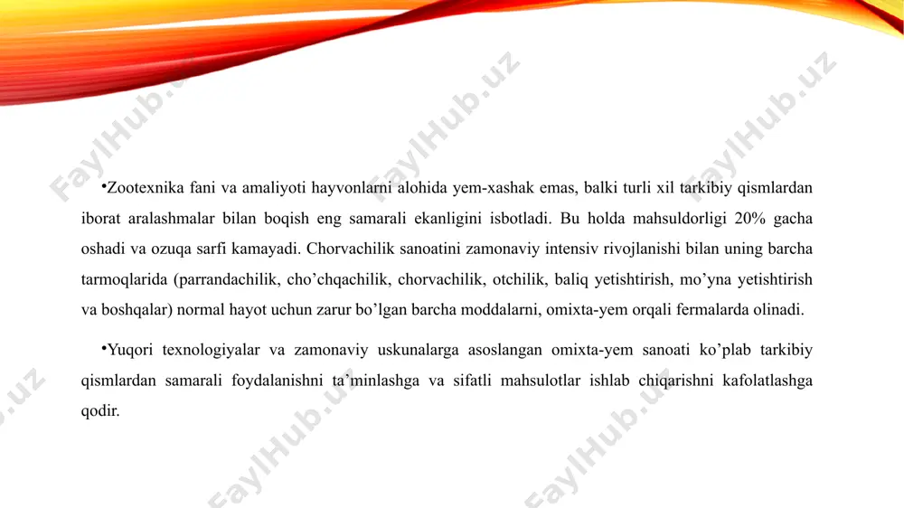 siya xomashyoni yumshoq qayta ishlashni ta’minlaydi, oziqlanishga qarshi omillarni samarali neytrallashtiradi (bu, ayniqsa, to’liq yog’li soya ishlab chiqarishda juda muhimdir) va oqsilning yuqori darajada saqlanishini ta’minlaydi. ekspanidatsiya ozuqa ishlab chiqarishning bir qator bosqichlarni o’z ichiga oladi. tozalash va maydalash. ekspanidatsiyadan oldin xomashyo metall-magnit aralashmalaridan tozalanadi va maydalaniladi. tayyor ozuqaning hazm bo’lishi maydalash sifatiga, granulometrik tarkibga va maydalashning bir xilligiga bog’liq bo’ladi. ekspanidatsiya aralash ozuqa ishlab chiqarishda maydalash vallari o’zlarini eng yaxshi tomonlarini isbotladilar. ular yaxshi silliqlanish natijalarini beradi va shu bilan texnologik jarayonda maydalangan mahsulotning barcha zarralarini bir xil ishlov berilishini ta’minlaydi. valli maydalagichning elektr quvvati bolg’a maydalagichlardan 2,5 baravar kam. gidrotermik ishlov berish. maydalangan mahsulot mikserkonditsionerga (skt) kiradi, u yerda u to’yingan bug’ bilan ishlanadi (80–90°cgacha). skt valining optimal aylanish tezligi zarrachalarning bug’ bilan bir xil aralashishini, bir xil isitishni va yuqori sifatli namlanishni ta’minlaydi. gidrotermik ishlovdan so’ng xomashyo dozirovka shneklari orqali ekspanidatsiyalash uchun yuboriladi. ekspanidatsiya. xomashyo sperial vint …