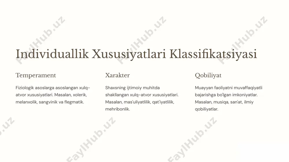 rak-qon tomir tizimi yurak urish tezligi, qon bosimi va boshqa fiziologik ko'rsatkichlar temperament va stressga bo'lgan munosabatni belgilaydi. muskul-skelet tizimi muskul kuchiga, tezligiga va chidamligiga qarab, harakatlar tezligi va koordinatsiyasi o'zgaradi. 5 irqiy xususiyatlar va ularning irsiy asoslari teri rangi melanin pigmentining miqdori va taqsimlanishiga bog'liq. quyosh nurlanishiga moslashish natijasida shakllangan. soch va ko'z rangi melanin pigmentining miqdori va turiga bog'liq. genetik omillar tomonidan belgilanadi. yuz va tananing shakli suyak tuzilishi va yog' to'qimalarining taqsimlanishiga bog'liq. irsiy omillar va atrof-muhit ta'siri natijasida shakllangan. 6 ortiqcha neyrofunksional belgilar va ularning genetik asoslari nerv tizimining faoliyati neyrotransmitterlar darajasi, impulslar o'tkazuvchanligi va miya to'qimalarining tuzilishi genetik omillarga bog'liq. xulq-atvor xususiyatlari stressga bo'lgan munosabat, qat'iyatlilik, ta'sirchanlik va boshqa xususiyatlarga genetik omillar ta'sir qiladi. qobiliyatlar musiqa, san'at, til o'rganish va boshqa qobiliyatlarga genetik predispozitsiya mavjud bo'lishi mumjud. 7 genetik omillar va ekzogen omillarning o`zaro ta`siri 1 genetik 2 epigenetik atrof-muhit ta'siri natijasida genlar faoliyatining o'zgarishi. …