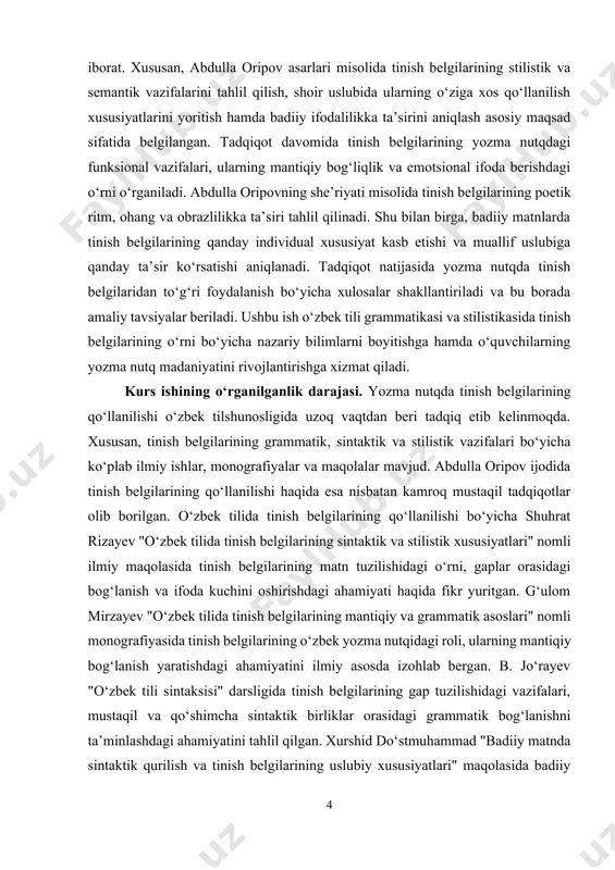 rilmalar" nomli tadqiqotida she’riy nutqda sintaksis va tinish belgilarining qo‘llanilishiga bag‘ishlangan qism mavjud bo‘lib, unda abdulla oripovning ayrim she’rlarida tinish belgilarining qanday stilistik yuklama berishi haqida ma’lumotlar keltirilgan. omonulla madrahimov "o‘zbek poetikasida ifoda vositalari" tadqiqotida she’riy matnlarda tinish belgilarining poetik ohang, mantiqiy urg‘u va emotsional ta’sirni shakllantirishdagi roliga to‘xtalgan. t. qodirov "abdulla oripov poetikasida sintaktik qurilmalar va tinish belgilarining o‘rni" maqolasida shoirning badiiy uslubida tinish belgilarining qanday o‘rin tutishi haqida qisqacha tahlil bergan. g‘. xudoyberdiyev "o‘zbek mumtoz va zamonaviy she’riyatida tinish belgilarining ifoda vositasi sifatida qo‘llanilishi" nomli maqolasida abdulla oripov asarlaridagi tinish belgilarining poetik tafakkur bilan bog‘liqligi haqida fikr bildirgan. yozma nutqda tinish belgilarining qo‘llanilishi o‘zbek tilshunosligi doirasida keng o‘rganilgan bo‘lsa-da, aynan abdulla oripov asarlarida tinish belgilarining qo‘llanilishi mustaqil tadqiqot sifatida yetarlicha chuqur yoritilmagan. ammo tinish belgilarining sintaktik va stilistik ahamiyati bo‘yicha qator olimlar tomonidan olib borilgan tadqiqotlar mavjud. ushbu kurs ishi shu boradagi bo‘shliqni to‘ldirishga, shoir asarlarida tinish belgilarining …