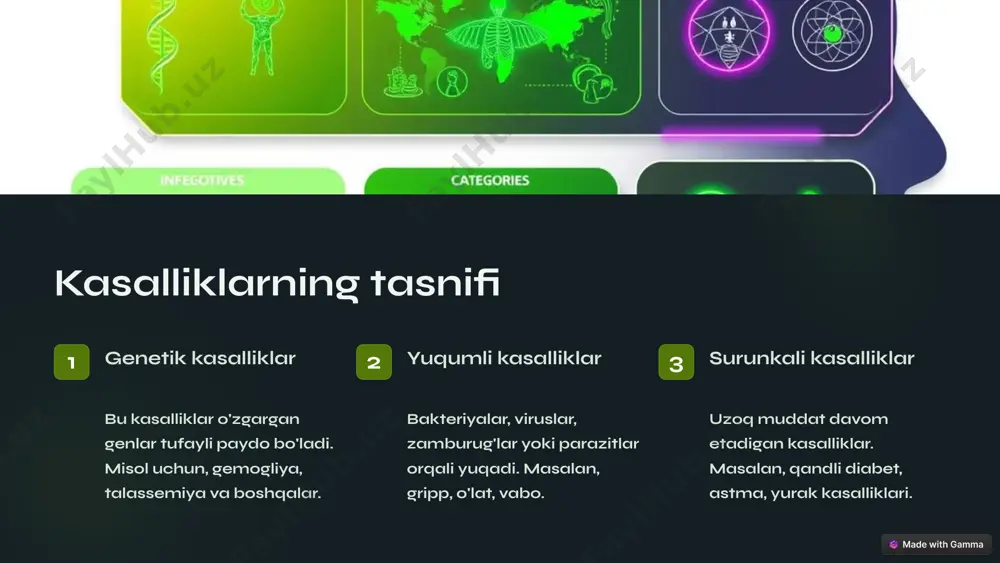 strengths): 1.ehtimollikni aniqlash: genetik kasalliklarni oldindan aniqlash imkoniyatlari mavjud. genetik testlar yordamida oilalarda kasalliklar tarqalishining oldini olish uchun tashxis qo'yish mumkin. 2.prevensiya (oldini olish): genetik maslahatlar va genetik testlash orqali nasl naslga o'tish ehtimoli yuqori bo'lgan kasalliklarning oldini olish mumkin. bunda rejalashtirilgan homiladorlik yoki genetik terapiya qo'llanilishi mumkin. 3.tibbiy tadqiqotlar va innovatsiyalar: genetik kasalliklar bo'yicha ilmiy tadqiqotlar rivojlanmoqda, bu yangi davolash usullari va gen terapiyalarini ishlab chiqish imkonini beradi. zaif tomonlar (weaknesses): 1.barkamollik va murakkablik: genetik kasalliklar juda murakkab bo'lib, ko'pincha ularning sabablarini to'liq tushunish va aniqlash qiyin. bu, o'z navbatida, aniq davolash usulini ishlab chiqishni qiyinlashtiradi. 2.yuqori xarajatlar: genetik testlar va terapiya odatda qimmatbaho bo'lishi mumkin. keng omma uchun bu tibbiy xizmatlarga erishish imkoniyatlarini cheklaydi. 3.ijtimoiy va psixologik ta'sirlar: genetik kasalliklar oila a'zolariga jiddiy psixologik ta'sir ko'rsatishi mumkin. nasl naslga o'tadigan kasalliklar bilan yashash, avlodlar o'rtasida stress va qayg'uga olib kelishi mumkin. imkoniyatlar (opportunities): 1.genetik terapiya va tibbiy innovatsiyalar: …
