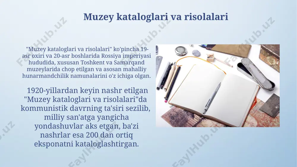 kataloglar va ilmiy maqolalarni o'z ichiga oladi. jurnallar va davriy nashrlar xalqaro miqyosda, 50 dan ortiq mamlakatdan olimlar ishtirok etadigan "jahon san'ati" jurnali (parij) har yili 2 son nashr etilib, 100 ga yaqin ilmiy maqolalarni taqdim etadi. 1990-yillardan buyon o'zbekistonda nashr etilayotgan "madaniyat va san'at" jurnali, 300 dan ortiq soni bilan, mamlakatning madaniy merosiga bag'ishlangan muhim nashr hisoblanadi. san'at tarixi darsliklari va qo'llanmalari surxondaryo viloyati muzeylari toʻplamlariga asoslangan mahalliy san’at tarixiga bagʻishlangan 3 ga yaqin maxsus qoʻllanmalar va monografiyalar ham chop etilgan. “san’at tarixi” darsliklari oʻzbekistonning turli oliy oʻquv yurtlarida, masalan, toshkent davlat san’at institutida va samarqand davlat universitetida, taxminan 5 dan ortiq turli mualliflar tomonidan yozilgan 10 dan ortiq nashrda mavjud. san'atkorlarning xotiralari va maktublari “san’atkorlarning xotiralari va maktublari” toʻplamlarida 19-asr oxiri va 20-asr boshlariga oid toshkent, samarqand va buxoro shaharlaridan boʻlgan 50 dan ortiq san’atkorning xatlari va kundaliklari saqlanadi. kitobda 3 ta yirik san’at maktabi – toshkent, samarqand …