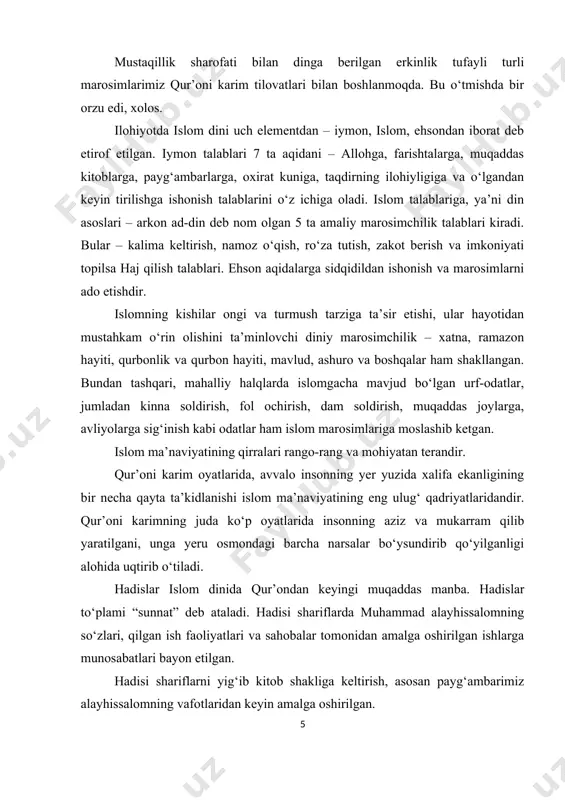 hissalomning vafotlaridan keyin amalga oshirilgan. islomda ota-onaga mehr-muhabbat, g‘amxо‘rlik, farzand tarbiyasi va oilaga sadoqat masalalariga alohida e’tibor berilgan. kishilarni yaxshilik qilish, savob ishlarga qо‘l urish, insofli-diyonatli, vijdonli bо‘lish, mehr-shafqatlilik, tо‘g‘rilik, rostgо‘ylik, sofdil bо‘lish, birodarga yordam berish, kamtarlikka chaqirish g‘oyalari ilgari surilgan. qur’oni karim va hadislarda har bir inson uchun zarur bо‘lgan hayotidan ma’mun bо‘lib yashash-shukronalik va sabrli bо‘lish masalalariga ham alohida ahamiyat berilgan. shukronalik va sabr ham inson ma’naviyligining muhim jihatlaridan biridir. ularning mazmun-mohiyatini bilib olish har birimiz uchun zarur. qur’oni karimda alloh bu dunyoda insoniyatni behisob ne’matlar bilan rizqlantirgani, uning sanog‘iga yetib bо‘lmasligi haqida shunday bayon qilingan: “sizlarga barcha sо‘ragan narsalaringizdan ato etdi. agar allohning bergan ne’matini sanasangizlar, sanog‘iga yetolmaysiz. haqiqatan, inson о‘ta zolim va juda noshukrdir”. yuqorida sanab о‘tganlarimiz moddiy ne’matlar jumlasiga kiradi. ma’naviy ne’matlar esa imon, aql, hurriyat, tinchlik kabi kо‘zga bevosita kо‘rinmaydigan, ammo qalb kо‘zi bilan ilg‘ab olinadigan moddiy ne’matlarga qaraganda inson uchun ahamiyatli bо‘lgan ma’naviy …