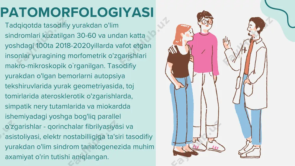 klari, ko'krak aortasi va toj tomirlar anomaliyalari, qt intervalining cho'zilganligi, brugad sindromi, miokarditlar, kardiomiopatiyalar, yurak ritmi va o'tkazuvchanligining buzilishi va b. (ismoniy ekstremal yuklanish), katta va qari insonlarda esa ko'proq yuragining o'tkir va surunkali ishemik kasalliklari, toj tomirlari aterosklerozi oqibatlari, alkogol va narkotiklar iste`mol qilish, qandli diabet, salbiy illatlar , gipodinamiya, semizlik, elektrolit buzilishlar), yurak ritmi o'tkazuvchanligini buzilishlari oqibatida yuzaga keladi diagnostika tasodifiy yurak o'limi sindromi belgilari 1. yurak xuruji 2.koronar yurak kasalligi 3.yurak yetishmovchiligi 4.organ to'qimalarda o'zgarishlar simptomlari ●hushdan ketish ●yurak urishi tezlashishi ●bosh aylanishi ●holsizlik ●qon bosimini ortib ketishi e'tiboringiz uchun raxmat sog'lig'ingizga e'tibor bering tog'ri ovqatlaning o'zingizni asrang