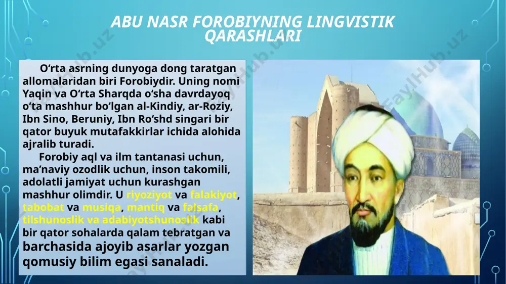 cha bildirgan ko‘pgina fikrlari bugungi kunda ham o‘z dolzarbligini yo‘qotgan emas. abu rayhon beruniyning lingvistik qarashlari dunyo madaniyati va ma’naviyati taraqqiyotiga ulkan hissa qo‘shgan, fan tarixida juda katta iz qoldirgan qomusiy olimlarimizdan yana biri abu rayhon muhammad ibn ahmad al beruniydir. beruniyning hayoti va ijodiy faoliyatini yoritishga bag‘ishlangan bir qancha asarlar mavjud. abu rayhon beruniy, u. i. karimovning ta’kidlashicha, milodiy 973 yilning 4 sentabrida (hijriy 362 yil zulhijja oyining 2-kunida) xorazmning qadimiy poytaxti qiyatda tavallud topdi. 1009—1017 yillarda xorazmshoh abu-l-abbos ma’mun ibn ma’mun saroyida xizmat qilib, katta obro‘-e’tibor qozondi. 1017 yilda mahmud g‘aznaviy xorazmni bosib olgandan so‘ng xorazmdagi bir qancha olimlar qatori beruniy ham g‘aznaga yo‘l olishga majbur bo‘ldi va umrining oxiriga qadar shu yerda ijod qildi. beruniy asarlari u o‘z davridagi barcha fan sohalari bo‘yicha qalam tebratib, 150 dan ortiq asar qoldirdi. bizgacha yetib kelgan asarlari orasida «xronologiya», «hindiston», «geodeziya», «mineralogiya», «mas’ud qonuni» hamda «saydana» nomi bilan mashhur bo‘lgan …