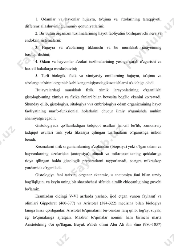 iga ajratgan. mazkur to'qimalar nomini ham birinchi marta aristotelning o'zi qo'llagan. buyuk o'zbek olimi abu ali ibn sino (980-1037) odam va hayvonlar organlarini, to'qimalarini hozirgi til bilan aytganda, albatta, anatomiya nuqtai nazaridan o'rgangan. ma'lumki, xvii asr boshlarida g.galiley dastlabki teleskopni yaratdi. 1609-1610 yillarda u soddaroq bo'lsada miraskop konstruksiyasini ishlab chiqdi. faqat xvii asr o'rtalarida ingliz fizigi rober guk (1635-1703) 1665 yilga kepib mikroskopni takomillashtiradi va unda o'simliklarning tuzilishini o'rganadi. marchello malpigi (1628-1694) birinchi bo'lib, hayvonlar terisi, talog'i, buyragi va boshqa organlarining mikroskopik tuzilishini o'rganadi. botanik olim nesmiya gryu (1641-1723) to'qimalar haqida tadqiqot ishlari olib borib, birinchi marta fanga to'qima tushunchasini kiritdi. 1667 yili anton van levenguk (1632-1723) ob'yektni 300 marta kattalashtirib ko'rsatadigan mikroskop ixtiro qildi. r.broun 1831 yilda o'simlik hujayralarini o'rganib, yadro hujayraning ajralmas qismi degan xulosaga keldi. 1782 yilda a.m.shumlyanskiyning buyrakning murakkab tuzilishini va nefron strukturasini birinchi marta tasvirlab berishini eslab o'tish kerak. k.m.bor (1792-1876) birinchi bo'lib tuxum ho'jayralarining …