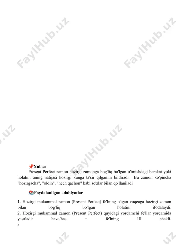 i mukammal zamon (present perfect) quyidagi yordamchi fe'llar yordamida yasaladi: have/has + fe'lning iii shakli. 3