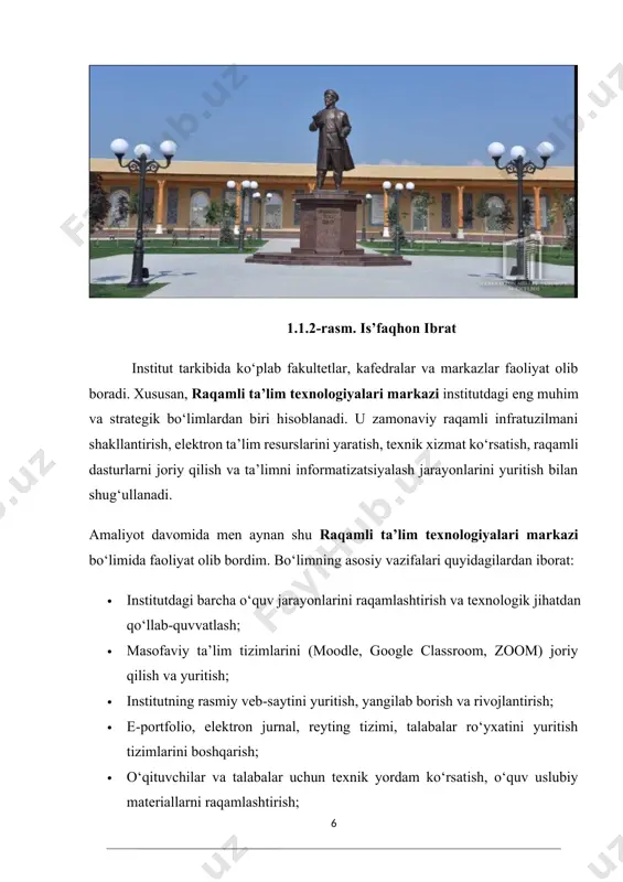 rfeysi uchun qulay dizayn yaratish, rasm va matn yuklash funksiyalarini yozish; · test tizimi uchun savollar qo‘shish va ularni foydalanuvchilarga ko‘rsatish mexanizmini ishlab chiqish; · institut rasmiy veb-saytidagi yangiliklar, fotogalereya, natijalar kabi bo‘limlarga ma’lumot joylash; · tarmoqda ishlayotgan kompyuterlar, printerlar, wi-fi nuqtalari va boshqa qurilmalarni sozlash. bo‘limdagi mutaxassislar menga o‘rganish va mustaqil ishlash uchun imkoniyat berib, har bir jarayonda nazariy tushuntirishlar berishdi. bu esa menga bir tomondan axborot texnologiyalari bo‘yicha ko‘nikmalarimni chuqurlashtirish, ikkinchi tomondan kasbiy muhitda ishlash madaniyatini egallash imkonini berdi. bundan tashqari, men quyidagi yo‘nalishlarda ham amaliy ishlar bajardim: · elektron testlar yaratish, foydalanuvchilar javoblarini tekshirish tizimini ishlab chiqish; · ma’lumotlar bazasiga forma orqali ma’lumot yuborish, filtrlash va qidiruv funksiyalarini qo‘llash; · dasturiy kodlarni tartiblash, xatoliklarni aniqlash va ularni tuzatish; · amaliyot hujjatlarini rasmiylashtirish, kundalik yuritish, bajargan ishlar bo‘yicha hisobot tayyorlash. umuman olganda, raqamli ta’lim texnologiyalari markazi bo‘limida o‘tgan amaliyotim juda samarali bo‘ldi. men o‘rgangan bilimlarimni amalda sinab ko‘rdim, …