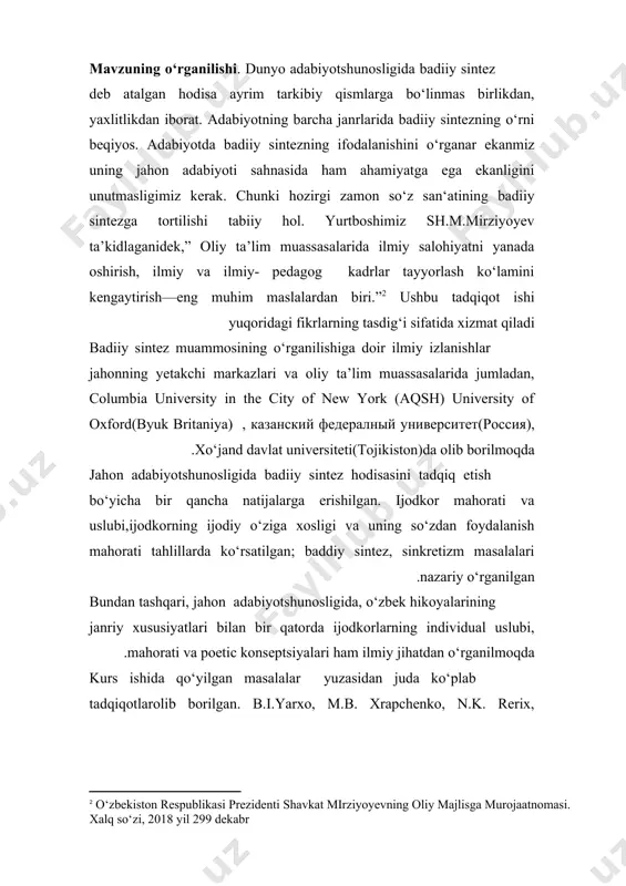 sasi tabiati va uning yuzaga kelgan o‘rinlarini aniqlashdan iborat. tadqiqotning vazifalari: badiiy sintez hodisasining o‘ziga xosligi va uning badiiy jihatlarini yoritish; obrazlar, so‘z va boshqa unsurlar orqali yuzaga kelgan badiiy sintezning ahamiyatini ko‘rsatish. nasrda aks etayotgan g‘oyalar sathidagi badiiy sintezning miqyosini ko‘rsatib berish; badiiy asarlarda amal qilayotgan folklor sintezining badiiy jihatdan ahamiyatini yoritish; badiiy sintezning badiiy asarlarda tutgan o‘rnini aniqlashda ijodkorlarning mahoratini belgilovchi rolini ko‘rsatish. tadqiqotning obyekti sifatida asarlardagi badiiy sintezning mohiyati, turlari va asar tarkibida bajargan vazifalarini aniqlashda yozuvchi o‘tkir hoshimovning asarlari hamda o'zbek she'riyati namunalari tanlab olindi. tadqiqotning predmetini badiiy sintezning tabiati va talqini, o‘zbek nasridagi badiiy sintezning obrazlar,mafkuralar, an’analar, folklore satxlaaridagi o‘ziga xosliklarni tadqiq qilish tashkil etadi. i bob sintez tushunchasining nazariy jihatlari. 1.1.sintez tushunchasining mazmuni va turlari badiiy sintez haqida so'z yuritishdan avval sintez tushunchasining o'zi nima va uning ahamiyati haqida to'xtalib o'tamiz. sintez (yunoncha synthesis-birlashtirish, birikish)--kimyoda oddiyroq birikmalardan murakkab birikmalar olish; ayniqsa, organik kimyoda katta …