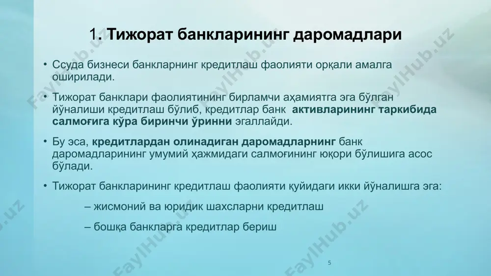 3. тижорат банкларининг фойдаси ва уни тақсимлаш 20 3. тижорат банкларининг фойдаси ва уни тақсимлаш тижорат банкларида фоизли даромадлардан фоизли харажатлар суммаси айириб ташлангандан сўнг, соф фоизли даромад ҳосил бўлади. соф фоизли даромад суммасига фоизсиз даромад суммасини қўшиб, олинган натижадан фоизсиз харажатлар суммаси айириб ташланса, у ҳолда солиқ тўлангунга қадар бўлган ялпи фойда юзага келади. 21 3. тижорат банкларининг фойдаси ва уни тақсимлаш солиқ тўлангунга қадар бўлган ялпи фойда суммасидан кредитлардан кўриладиган зарарларни қоплашга мўлжалланган заҳира ажратмалари суммасини айириб ташласак, у ҳолда солиқ тугагунга қадар бўлган соф фойда суммаси юзага келади. тижорат банкларининг солиқ тўлангунга қадар бўлган соф фойда суммасидан фойда солиғи суммасини айириб ташласак, у ҳолда банкнинг соф фойдаси ҳосил бўлади. 22 3. тижорат банкларининг фойдаси ва уни тақсимлаш юзага келган соф фойда ҳисобидан, акционерлар умумий йиғилишининг қарорига асосан, дивидендлар тўланади. соф фойданинг дивидендлар тўлангандан кейин қолган қисми тақсимланмаган фойда дейилади. соф фойданинг ҳажми пасайишига йўл қўймаслик тижорат банклари …