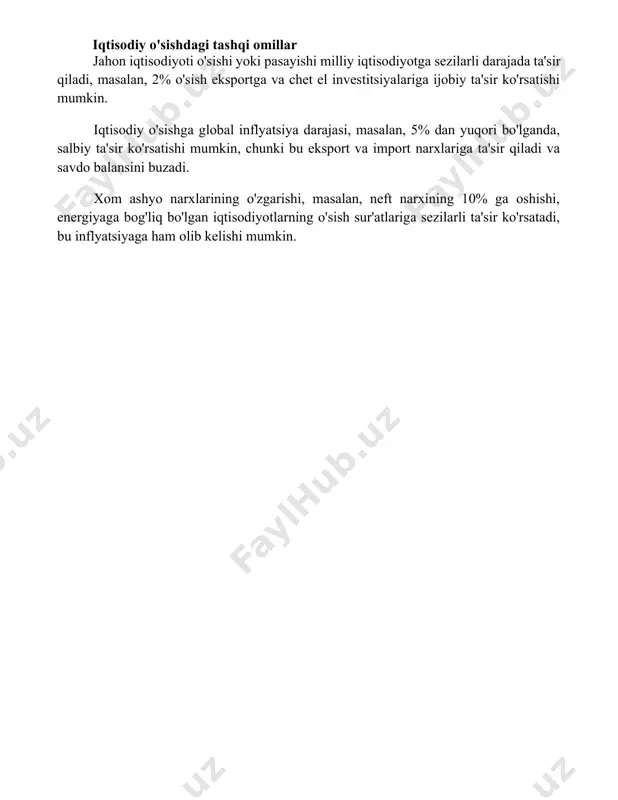 hqi omillar jahon iqtisodiyoti o'sishi yoki pasayishi milliy iqtisodiyotga sezilarli darajada ta'sir qiladi, masalan, 2% o'sish eksportga va chet el investitsiyalariga ijobiy ta'sir ko'rsatishi mumkin. iqtisodiy o'sishga global inflyatsiya darajasi, masalan, 5% dan yuqori bo'lganda, salbiy ta'sir ko'rsatishi mumkin, chunki bu eksport va import narxlariga ta'sir qiladi va savdo balansini buzadi. xom ashyo narxlarining o'zgarishi, masalan, neft narxining 10% ga oshishi, energiyaga bog'liq bo'lgan iqtisodiyotlarning o'sish sur'atlariga sezilarli ta'sir ko'rsatadi, bu inflyatsiyaga ham olib kelishi mumkin. 📌xulosa иқтисодий ўсиш моделлари турли омилларни ҳисобга олган ҳолда иқтисодиёт динамикасини таҳлил қилиш ва прогнозлашнинг муҳим воситасидир, бироқ уларнинг чекланганлигини ва амалдаги шароитларга мослашувини ҳисобга олиш зарур. 📚foydalanilgan adabiyotlar 1. romer, p. m. (1990). endogenous technological change. journal of political economy, 98(5), s71-s102. 2. solow, r. m. (1956). a contribution to the theory of economic growth. the quarterly journal of economics, 70(1), 65-94. 3. lucas, r. e. (1988)