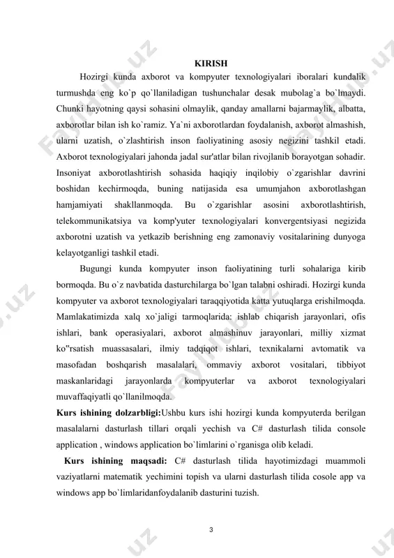 a butun dunyo tomonidan tan olingan dasturlash tilidir. asoschisi anders hejlsberg bo`ldi. uning 1980 yillarda chiqarilgan turbo paskal dasturi orqali ham tanishimiz mumkin. c# bevosita c, c++ va java bilan bog`liq. chunki bu uchta til dasturlash olamida eng mashhur tillardir. bundan tashqari profisanal dasturchilarning juda ko`pi c, c++ va java tilida ish yuritadi. c# ning kelib chiqishi quyidagicha: chizmada c va c++ tillari c# ning asosini tashkil qiladi. lekin c# va java o`zaro o`zgacha ravishda bog`langan. ularning kelib chiqishi c va c++ bo`lsada o`zaro bir biridan farq qiladi. c# tili ham obyektga yo`naltirilgan dasturlash tillar oilasiga kiradi. vs 2012(visual studio) da c# tili yordamida 28 xil loyiha yaratish mumkin.ms vs 2012 da c# tili yordamida 28 xil loyiha yaratish jadvali: c# tili o`zining interfeysi va sintaksisi uning yuqori sathli dasturlash tillariga kirishiga olib keladi. uning butun dasturlash tanasi bo`ylab boshqarishni ehm ga topshirishi va faqat bajarilishi lozim bo`lgan shartnigina dasturchi …