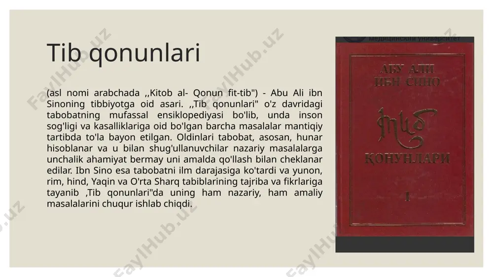 , o'rta yer dengizi orollri va boshqa joylardan keltiriladigan ko'plab dorilar moddalarni ham ko'rsatib o'tadi. ibn sino tavsiya qilgan ko'pgina dorilar farmakopeyadan o'rin olib, hozirgi kunda qo'llanmoqda. birinchi kitob tabobatning nazariy asoslari hamda amaliy tabobatning umumiy masalari haqida ma'lumot beradi. tabobat ilmining ta'rifi, uning vazifalari, xilt va mizoj haqidagi ta'limot bayon qilinadi. keyin odam tanasining "oddiy" a'zolari - suyak, tog'ay, asab, arteriya, vena, pay, bog'ich va mushaklar haqida qisqa anatomik ocherk keltiriladi. kasalliklarning kelib chiqish sabablari, ko'rinishlari, turkumlari hamda ularni davolashning umumiy usullari keltiriladi. ovqatlanish, hayot tarzi va hayotning hamma bosqichlarida sog'liqni saqlash haqidagi ta'limot batafsil bayon qilinadi. surgi qilish, qayt qildirish va qon olish masalalariga ayrim boblar ajratilgan. rahmat e’tiboringiz uchun image2.jpg image3.png image4.png image9.jpeg image5.png image82.svg image6.png image84.svg image7.png image29.svg image8.png image86.svg /docprops/thumbnail.jpeg