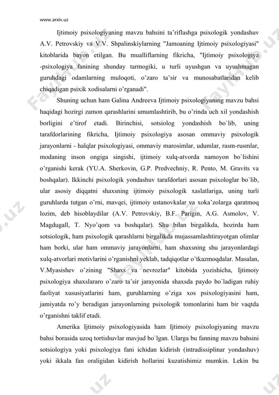 ham, guruhlarning o’ziga xos psixologiyasini ham, jamiyatda ro’y beradigan jarayonlarning psixologik tomonlarini ham bir vaqtda o’rganishni taklif etadi. amerika ijtimoiy psixologiyasida ham ijtimoiy psixologiyaning mavzu bahsi borasida uzoq tortishuvlar mavjud bo`lgan. ularga bu fanning mavzu bahsini sotsiologiya yoki psixologiya fani ichidan kidirish (intradissiplinar yondashuv) yoki ikkala fan oraligidan kidirish hollarini kuzatishimiz mumkin. lekin bu sohadagi tortishuvlar qanchalik bo’lmasin, baribir, g. m. andreevaning obrazli iborasiga ko’ra, uning"ota-onasi"sotsiologiya bilan psixologiya ekanligini tan olishi kerak. bu boradagi aniq fikrni fransuz olimlari r. pento va m. gravitslar ham ta’kidlashgan:"shu paytgacha shaxs va jamiyat muammolari sohasida ikki xil yondashuv bo`lib kelgan edi: psixologiya inson tabiatini, uning psixikasini, sotsiologiya esa, jamiyat tabiatini, psixikasini o’rganib keldi. ijtimoiy psixologiya paydo bo’ldiki, u insonning jamiyatda munosabatining psixologik tomonini o’rganmoqda". umumiy holda, ijtimoiy psixologiya odamlarning jamiyatda birgalikdagi ish faoliyatining natijasida hosil bo`ladigan tasavvurlar, fikrlar, e’tiqodlar, hissiy kechinmalar va xulq-atvorlarni tushuntirib beruvchi fandir, deb ta’rif berishimiz mumkin. ijtimoiy psixologiyaning hozirgi kundagi …