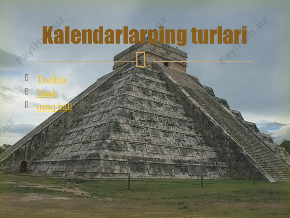 0 baktun 8000 t 2880000 kalabtun 20 baktun 160 000 tonna 57600000 kinchilbtun 20 kalabtun 3 200 000 tonna 1152000000 alautun 20 kinchilbtun 64000000 t 23040000000 uzoq hisobdagi eng kichik birlik qarindosh (kun). kattaroq birliklar : kin , tun va katun 0 dan 19 gacha qiymatlarni oladi. uinal 0 dan 17 gacha qiymatlarni oladi . shunday qilib, uzoq sanashning umumiy tsikli 13 baktun = 1872000 kun (=5125 yil va 4 yarim oy). davrning boshlanishi 0.0.0.0.0 bilan emas, balki 13.0.0.0.0 bilan ko'rsatilgan. koba ( yucatan ) posyolkasidagi steladagi yozuv hozirgi dunyo davrining boshlanishi va ma'lum bir "boshlanishlar boshlanishi" o'rtasida bir davr o'tganligini ko'rsatadi, uning davomiyligi bizning hisob-kitoblarimizda kunlarda ifodalanadi . o'ttiz ikki raqam bilan raqam ma'lumki, uzoq sanashning hozirgi aylanishi yoki beshinchi quyosh davri 0.0.0.0.0, 4 ahau , 8 kumhuda boshlangan . bu 11 avgust kuni sodir bo'ldi miloddan avvalgi 3114 yil e. ( 13 avgust miloddan avvalgi 3114 yil e …