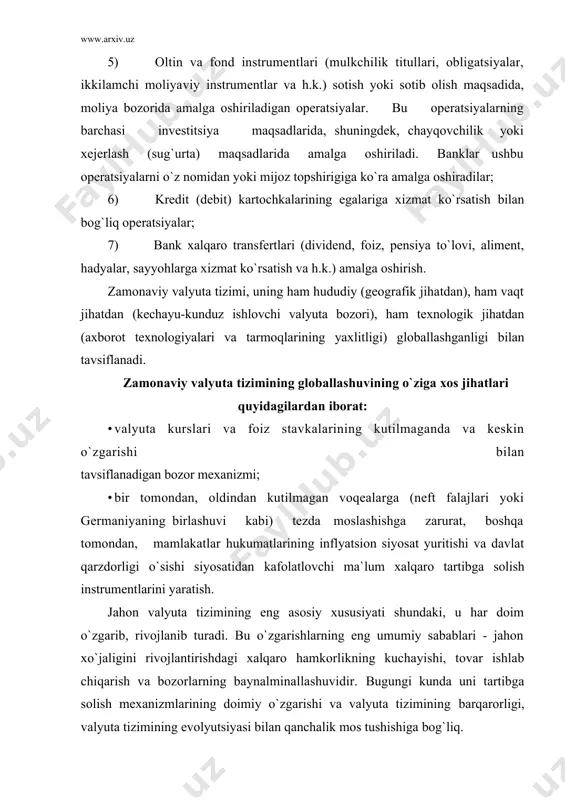 ir. bugungi kunda uni tartibga solish mexanizmlarining doimiy o`zgarishi va valyuta tizimining barqarorligi, valyuta tizimining evolyutsiyasi bilan qanchalik mos tushishiga bog`liq. xalqaro valyuta tizimlarining ma`lum shakllari, ishlab chiqarishning rivojlanishi, xalqaro aloqalar, milliy pul tizimlari, jahon maydonidagi kuchlar nisbatiga, yetakchi mamlakatlarning manfaatlariga qarab belgilanmoqda. jahon valyuta tizimining rivojlanish bosqichlari parij jahon valyuta tizimi (1867-1914y.) pulning xalqaro almashuvi, xuddi pulning o`zi singari qadimiy bo`lsada, hozirgi shaklda valyuta bitimlarining paydo bo`lishi xix asr oxiriga borib taqaladi. birinchi jahon valyuta tizimi - 1865 yilda to`rtta g`arbiy yevropa mamlakatlari tomonidan tashkil etilgan va «oltin andozasi» asosida faoliyat yuritgan - lotin tanga ittifoqi hisoblanadi. mazkur valyuta tizimi, rasmiy ravishda 1867 yilda parij konferentsiyasida tan olindi va dunyoning 30 dan ortiq mamlakati tomonidan maxsus xalqaro shartnomaga imzo chekildi. bu valyuta tizimi oltin andozasi»ga ya`ni, oltinni etalon (mezon) metall sifatida qabul qilishga asoslangan milliy pul tizimlarini birlashtirdi. shuning uchun ham parij valyuta tizimi «oltin tanga andozasi» deb yuritila …