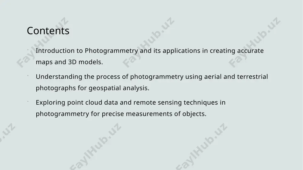 ectives, enabling accurate measurements and detailed mapping crucial for geospatial analysis and urban planning. utilizing point cloud data point cloud data captured through photogrammetry provides a wealth of information for creating detailed 3d models, enhancing geospatial analysis accuracy and visualization. remote sensing applications through photogrammetry, remote sensing techniques can be applied to gather data from a distance, aiding in geospatial analysis for environmental monitoring and infrastructure development. aerial photogrammetry: capturing earth's features from above. 1 aerial perspective aerial photogrammetry provides a unique viewpoint, capturing earth's features from above to enhance spatial understanding and analysis. 2 precision mapping through precise measurements and image analysis, aerial photogrammetry enables the creation of accurate maps for various applications. 3 environmental monitoring aerial photogrammetry plays a crucial role in environmental monitoring by capturing changes in landscapes, habitats, and ecosystems from a bird's eye view. terrestrial photogrammetry: mapping the ground with precision. terrestrial photogrammetry utilizes ground-based …