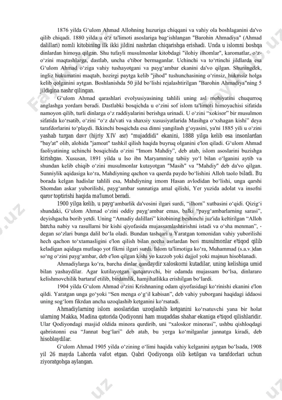 bashorat etib ketgan xudoning elchisi uning o‘zi ekanini e'lon qiladi va bahoulloh, ya'ni "allohning jilosi" nomini oladi. ushbu yo‘nalishnning nomi ham bahoullohning nomidan olingan. bahoulloning "kitobi aqdas" ("eng muqaddas kitob") va "kitobi iqon" ("mustahkam ishonch kitobi") asarlari bahoiylik ta'limotining asoslarini tashkil etadi. yo‘nalish asoschisi o‘ziga islom dini e'tiqodiga ko‘ra, olamlarning yaratuvchisi bo‘lgan "allohning jilosi" nomini qabul qilgan bo‘lsa-da, bahoiylar aqidasiga ko‘ra, bahoiylik mustaqil din, u biror bir dindan ajralib chiqqan sekta ham, mazhab ham emas, deb hisoblanadi. bahoiylik hindiston, uganda, keniya, eron, misr, aqsh, kanada kabi qator mamlakatlarda tarqalgan. hozirgi vaqtda dunyoda bahoiylarning 9 ta ibodat uyi, 200 ga yaqin milliy hamda bir qancha mahalliy diniy majlislari mavjud. bahoiylarning umumiy miqdori taxminan 6 million kishini tashkil etadi. bahoiylik ta'limotiga ko‘ra:  barcha dinlar bir ildizdan paydo bo‘lgan va payg‘ambarlar birodar hisoblanadi;  ibrohim, muso, iso va muhammad payg‘ambarlardan tashqari budda, zardusht, krishna, bob va bahoulloh ham payg‘ambar hisoblanadi. bahoiylikda ular …