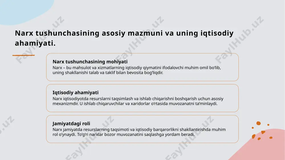 r orqali adolat narxlar ijtimoiy adolatni ta'minlashda muhim rol o'ynaydi: u resurslarni adolatli taqsimlash va kam ta'minlangan qatlamlarga yordam berishga xizmat qiladi. raqobat va muvozanat raqobat muhitida narxlar bozor kuchlari orqali shakllanib, ijtimoiy muvozanatni saqlashga yordam beradi, bu esa iqtisodiy va ijtimoiy barqarorlikni mustahkamlaydi. narx belgilash mexanizmlarining asosiy tushunchasi va ularning iqtisodiy rolini tushunish 01 narx belgilash mexanizmlari tushunchasi narx belgilash mexanizmlari, bozor sharoitlarida narxlarni aniqlash uchun ishlatiladigan usullar va jarayonlarni anglatadi, bu iqtisodiy muvozanatni ta'minlaydi. 02 bozor mexanizmlari roli bozor mexanizmlari talab va taklif asosida narxlarni shakllantiradi, raqobat va resurslar taqsimoti orqali iqtisodiy samaradorlikni oshiradi. 03 davlat va xususiy sektorlarning roli davlat va xususiy sektorlar narx belgilashda muhim rol o'ynaydi, davlat tartibga solish va subsidiyalar orqali bozor muvozanatini saqlashga yordam beradi. 04 raqobat muhitidagi narx shakllanishi raqobat sharoitida narxlar, kompaniyalar o'rtasidagi raqobat va innovatsiyalar ta'sirida o'zgarib, iqtisodiy rivojlanishga turtki bo'ladi. bozor narxlarini shakllantirishda talab va taklifning o‘rni talab va …