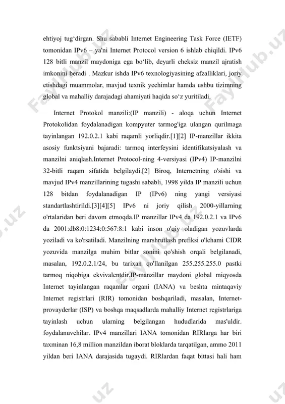, 1998 yilda ip manzili uchun 128 bitdan foydalanadigan ip (ipv6) ning yangi versiyasi standartlashtirildi.[3][4][5] ipv6 ni joriy qilish 2000-yillarning o'rtalaridan beri davom etmoqda.ip manzillar ipv4 da 192.0.2.1 va ipv6 da 2001:db8:0:1234:0:567:8:1 kabi inson o'qiy oladigan yozuvlarda yoziladi va ko'rsatiladi. manzilning marshrutlash prefiksi o'lchami cidr yozuvida manzilga muhim bitlar sonini qo'shish orqali belgilanadi, masalan, 192.0.2.1/24, bu tarixan qo'llanilgan 255.255.255.0 pastki tarmoq niqobiga ekvivalentdir.ip-manzillar maydoni global miqyosda internet tayinlangan raqamlar organi (iana) va beshta mintaqaviy internet registrlari (rir) tomonidan boshqariladi, masalan, internet-provayderlar (isp) va boshqa maqsadlarda mahalliy internet registrlariga tayinlash uchun ularning belgilangan hududlarida mas'uldir. foydalanuvchilar. ipv4 manzillari iana tomonidan rirlarga har biri taxminan 16,8 million manzildan iborat bloklarda tarqatilgan, ammo 2011 yildan beri iana darajasida tugaydi. rirlardan faqat bittasi hali ham afrikada mahalliy topshiriqlar uchun ta'minotga ega.[6] ba'zi ipv4 manzillari xususiy tarmoqlar uchun ajratilgan va global miqyosda yagona emas.tarmoq ma'murlari tarmoqqa ulangan har bir qurilmaga ip-manzil tayinlaydi. bunday topshiriqlar tarmoq …