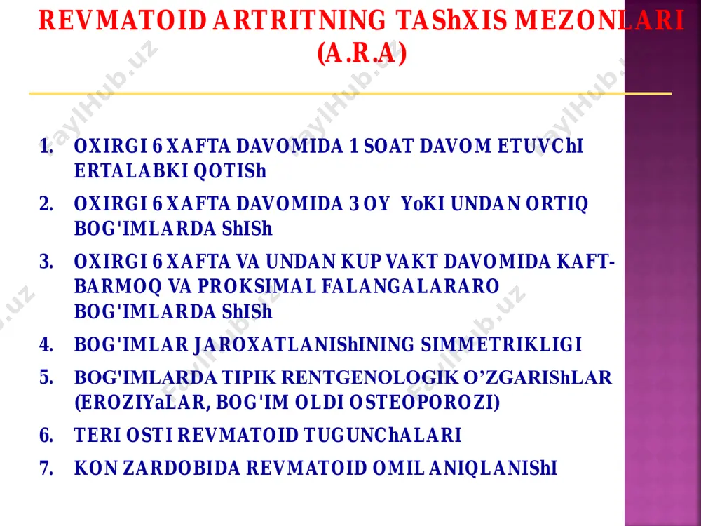 ar sintezi oshishi; glyukoza -6-fosfataza tanqisligi patogenezi podagraning umumiy qabul qilingan klassifikatsiyasiga binoan metabolik, buyrak va aralash formalari farq qilinadi: metabolik formasida urat kislota ekskretsiyasi oshishi ustunlik qiladi; buyrak formasida podagra nefropatiyasi parenximada tofuslar urat toshlari aniqlanadi, pielonefrit, glomeruloskleroz va buyrak etishmovchiligi rivojlanadi; aralash formasida urat kislota sintezi o‘rtacha oshgan va uning buyraklardan ekskretsiyasi pasaygan bo‘ladi; diagnostika uchun vallace va muallifdoshlari taklif etgan klassifikatsion kriteriylardan foydalaniladi a. bo‘g‘im mavjudligi b. ximiyaviy yoki polyarizatsion mikroskopiya yoli bilan anilangan urat kislota kristallari bo‘lgan tofuslar mavjudligi c. quyida sanab o‘tilgan 12 ta belgilardan 6 tasining bo‘lishi:anamnezda bittadan ko‘p o‘tkir artrit atakalarining uchrashi  bo‘g‘im yallig‘lanishi belgilarining maksimal ifodalanishi kasallikning birinchi kunida yuzaga chiqishi monoartrit  zararlangan bo‘g‘imda terining giperemiyasi  oyoq kaft – barmo bo‘g‘imida shish va og‘ri bo‘lishi  oyoq kaft – barmoq bo‘g‘imining bir tomonlama zararlanishi  oyoq kafti bo‘g‘imlarining bir tomonlama zararlanishi  tofuslarga shubalanish  giperurikemiya  bo‘g‘imlar shishlar …