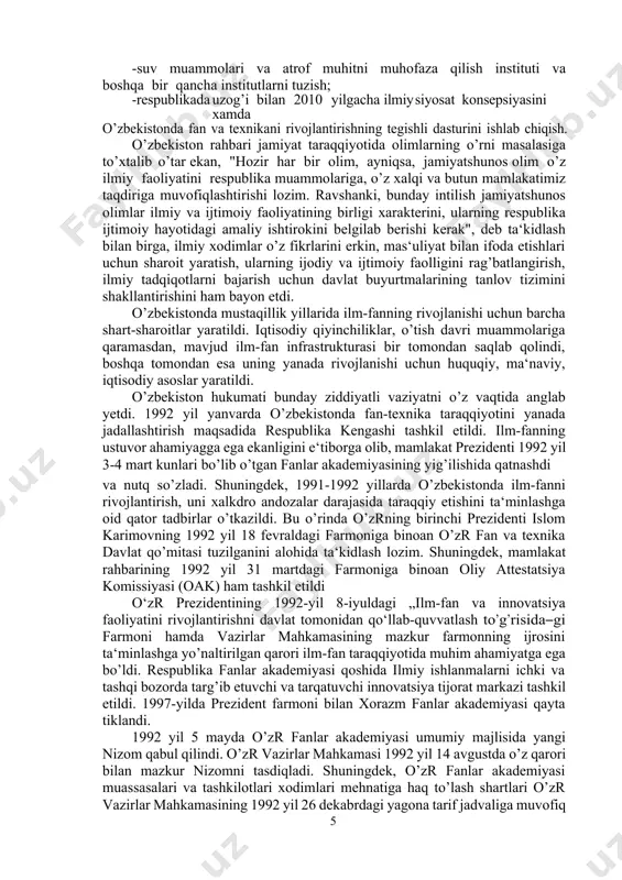 mi samarali faoliyat kо’rsatishini ta‘minlashga qaratilgan qо’shimcha chora-tadbirlar tо’g’risida‖gi qaroriga muvofiq takomillashtirilgan ijro intizomini nazorat qilishning tizimli mexanizmlari mavjud bо’lgandagina erishiladi. prezident topshiriqlarining ijrosini tizimli nazorat qilish jarayonidagi о’zgarishlar tо’g’risida vazirliklar va idoralar mas‘ul xodimlariga yetkazish borasida hukumatning muvofiqlashtiruvchi roli muhim ahamiyat kasb etadi. qabul qilingan hujjatlarning asosiy mexanizmlari mazmun-mohiyati joriy yil mart va iyun oylarida tashkil qilingan seminarlarda vazirlar mahkamasi, adliya vazirligi va hisob palatasining mas‘ul xodimlari tomonidan tushuntirib berilgani buning yaqqol dalilidir. 1. ilm-fan va ilmiy texnika sohasining rivojlanishi. o„zbekiston fanlar akademiyasining ilm-fan rivojiga qo„shgan hissasi. mamlakat va millat kelajagi ko’p jihatdan ilm-fan hamda jamiyatning intellektual salohiyatiga bog’liq. eng zamonaviy ilmlarni egallamasdan, mamlakat milliy manfaatlariga xizmat qiluvchi fan sohalarini rivojlantirmasdan, fundamental, nazariy tadqiqotlar olib bormasdan jamiyatni taraqqiy ettirish mumkin emas. islom karimov respublikaga rahbar bo’lib tayinlangan kundanoq boshqa sohalar singari ilm-fan sohasiga ham muhim e‘tibor qaratdi o’zr fanlar akademiyasi respublika taraqqiyotida amalga oshirilayotgan va barcha sohalarda sodir bo’layotgan …