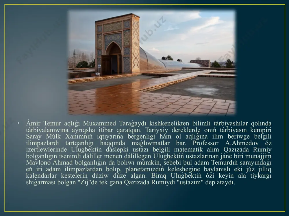 ssiya bosqiniga qadar). // mas'ul muharrir b.ahmedov. – t.: sharq, 2001. - b. 357. 3.nizomiddin shomiy. zafarnoma. t.: o‘zbekiston, 1996. - b.19 4.mirzo ulug‘bek.to‘rt ulus tarixi. –т., 1994. 5.hoji ismatulloh abdulloh.markaziy osiyoda islom madaniyati. – t.-. “sharq” nmakbt, 2005. 6.vosifiy. badoe’ ul vaqoe (nodir voqealar). – t.: fan, 1979. 7.fayziyev t. temuriylar shajarasi – toshkent: yozuvchi–xazina, 1995. - b. image1.png image2.png image3.png image4.png image5.png image6.png image7.png image8.png image9.png /docprops/thumbnail.jpeg
