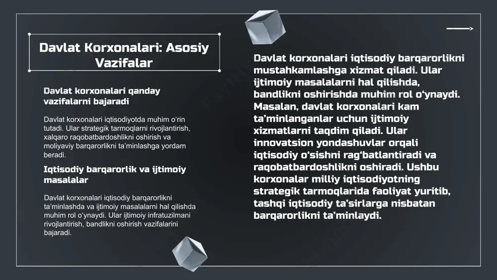 garishlar amalga oshirilishi lozim. - o'zgarishlarni amalga oshirishda texnologik yangiliklardan foydalanish. - davlat boshqaruv tizimini modernizatsiya qilish. - raqobatbardosh muhit yaratish va innovatsiyalarni qo'llab-quvvatlash. - o'zgarishlardan kutayotgan natijalar: iqtisodiy o'sish va barqarorlik, ijtimoiy adolatning ta'minlanishi, va davlat korxonalarining samaradorligi oshishi. davlat sektorining kelajakdagi roli davlat sektori va uning vazifalari davlat sektori jamiyat rivojlanishida muhim rol o'ynaydi, iqtisodiy barqarorlik va ijtimoiy ta'minotga hissa qo'shadi. kelajakdagi tadqiqotlar va rivojlanish tadqiqotlar va rejalashtirish davlat sektorining samaradorligini oshirishga yordam beradi. iqtisodiy va ijtimoiy roli davlat sektori iqtisodiy o'sish va ijtimoiy barqarorlikni ta'minlaydi. xulosa va istiqbollar davlat sektori samaradorligini oshirish muhimdir. islohotlar va o'zgarishlar davlat sektoridagi islohotlarning muhimligi davlat sektori islohotlari iqtisodiy va ijtimoiy rivojlanishda muhim. ular xizmatlarni yaxshilash va samaradorlikni oshirish uchun o'tkaziladi. o'zgarishlar va yangiliklar: tendensiyalar davlat sektorida raqamli texnologiyalar joriy etish, onlayn xizmatlar va shaffoflikni oshirish tendensiyalari kuzatilmoqda. o'zgarishlarning ijtimoiy va iqtisodiy ta'siri islohotlar iqtisodiy o'sishga, ish o'rinlari ko'payishiga va ijtimoiy muammolarni …