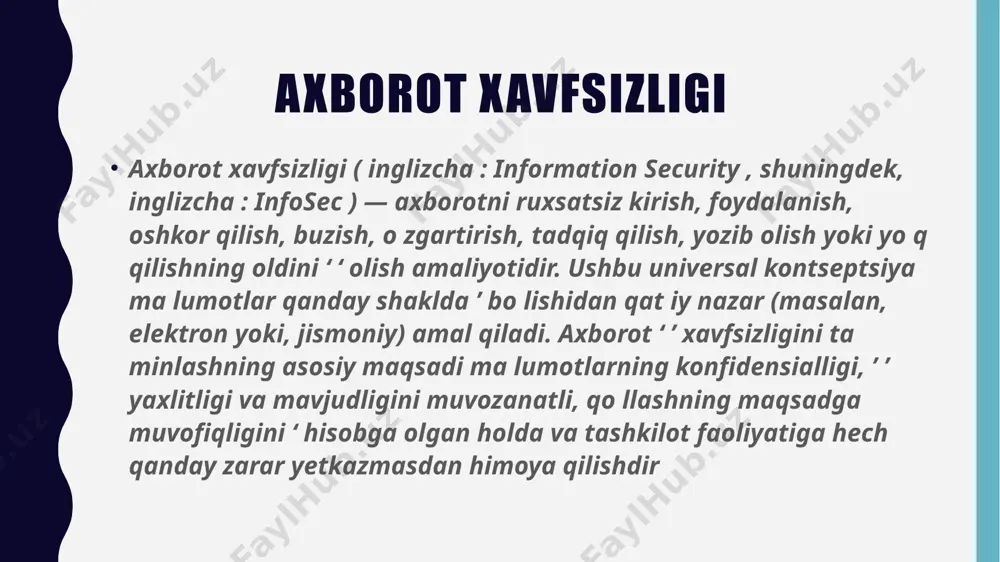 orot tizimlari tashkil etib, axborot texnologiyalari va texnik vositalar jamiyatning turli jabhalarida keng qo`llanilmoqda iqtisodiy xavfsizlik. milliy iqtisodda axborotlarni yaratish, tarqatish, qayta ishlash va foydalanish jarayoni hamda vositalarini qamrab olgan yangi tarmoq vujudga keldi. «milliy axborot resursi» tushunchasi yangi iqtisodiy kategoriya bo`lib xizmat qilmoqda. davlatning axborot resurslariga keltirilayotgan zarar axborot xavfsizligiga xam ta’sir ko`rsatmoqda. mamlakatimizda axborotlashgan jamiyatni shakllantirish va uning asosida jahon yagona axborot maydoniga kirib borish natijasida milliy iqtisodimizga turli xildagi zararlar keltirish xavfi paydo bo`lmoqda. mudofa xavfsizligi mudofaa xavfsizligi. mudofaa sohasida xavfsizlikning asosiy ob’ektlaridan bo`lib, mamlakatning mudofaa potentsialining axborot tarkibi va axborot resurslari hisoblanmoqda. xozirgi kunda barcha zamonaviy qurollar va harbiy texnikalar juda ham kompьyuterlashtirilib yuborildi. shuning uchun xam ularga axborot qurollarini qo`llash ehtimoli katta. ijtimoiy va ekologik xavfsizlik ijtimoiy xavfsizlik. zamonaviy axborot – kommunikatsiyalar texnologiyalarining milliy iqtisod barcha tarmoqlarida keng qo`llanishi inson psixologiyasi va jamoa ongiga «yashirin» ta’sir ko`rsatish vositalarining samaradorligini yuksaltirib yubordi . ekologik xavfsizlik. ekologik …