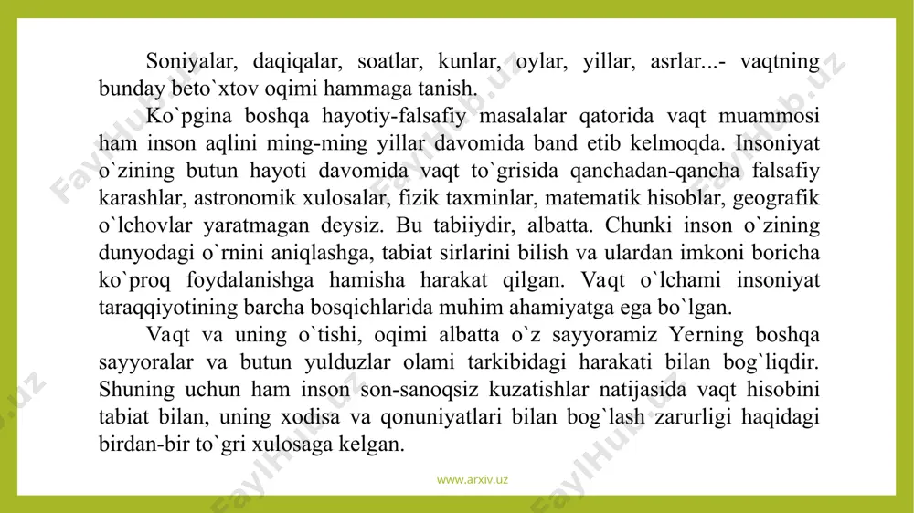davrlardan boshlaboq kundalik hayotlarida kechagiga о`xshash bugun ham tun kun bilan, kun esa tun bilan albatta almashuviga, ertaga ham, indinga ham va doim shunday bо`lishiga ishonch xosil qilganlar. vaqt о`lchovining birinchi va asosiy birligi – kun shu tariqa odamlar ongida tabiiy holda paydo bо`lgan. bu tabiiy о`lchov birligi quyoshning chiqishhidan botishigacha bо`lgan vaqtni о`z ichiga olmay, balki u kun va tundan iborat bо`ladi. yer о`z о`qi atrofida g`arbdan sharqqa qarab tinimsiz aylanib turadi. bu aylanish davomida quyosh nuri shar shaklidagi yerning yarminigina yorita oladi, ya`ni yerning qaragan tomonigagina nur tushadi. demak, yer sharining quyosh yoritib turgan tomonida о`sha paytda kunduzi va qarama-qarshi, quyosh yoritmayotgan tomonida esa kechasi, tun bо`ladi. www.arxiv.uz www.arxiv.uz www.arxiv.uz www.arxiv.uz kunduzi bilan kechasi birgalikda haqiqiy quyosh kunini (sutkani) tashkil etadi. quyosh kuni - ikkita bir xil quyosh kulminatsiyasi о`rtasidagi vaqtdir. kun 24 soatdan iboratdir. kunni bunday 24 soatga bо`lish dajla va frot daryolari vodiysiga joylashgan qadimgi bobildan …
