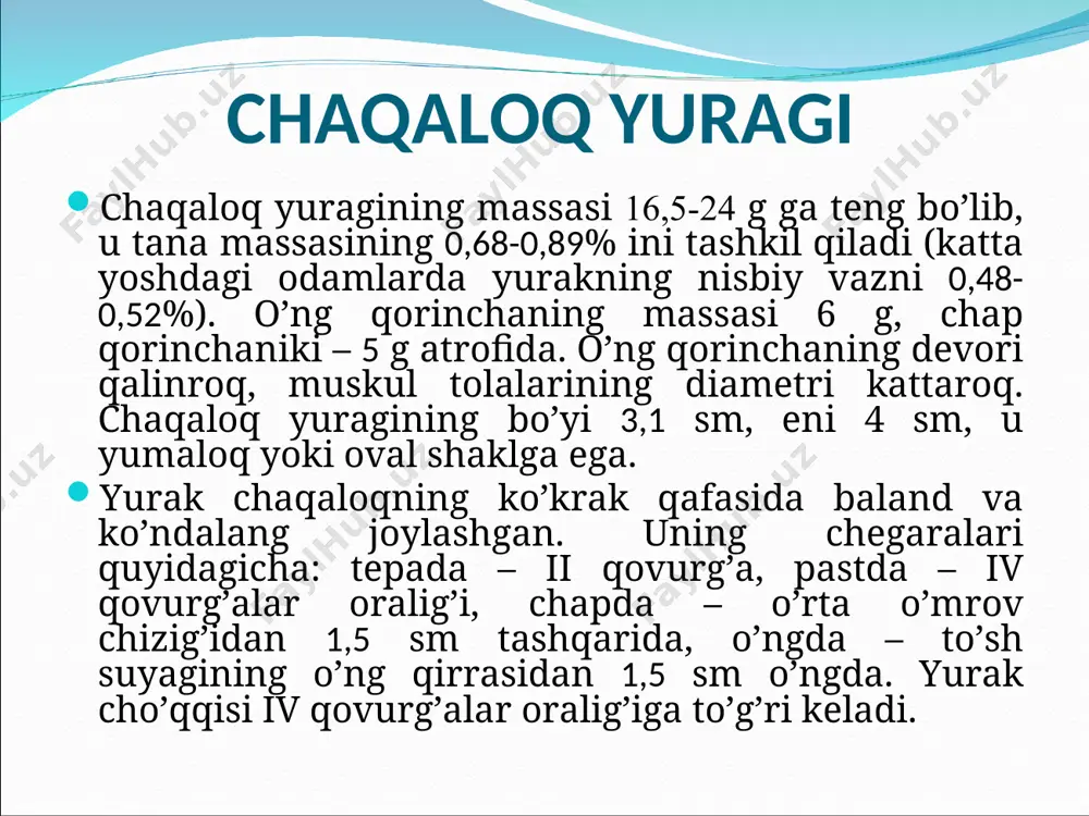 k tolalarining takomillashishi davom etadi. bu davrda yurak massasining ortishi juda jadal o’tadi. miokard aylanma yo’nalishdagi tolalar hisobiga qalinlashadi. tolalar yo’g’onlashib, ularning yadrolari kattalashadi, miofibrillalar soni ko’payadi. yurakning kattalashishi va o’z o’qi atrofida burilishi natijasida uning chegaralari o’zgaradi. yurakning o’ng chegarasi to’sh suyagining o’ng qirrasidan uzoqlashadi, chap chegarasi esa bu suyakning chap qirrasiga yaqinlashadi. yuqori chegarasi sekin-asta pastga tushadi. u bola hayotining birinchi oyi davomida u ikkinchi qovurg’alar oralig’ida bo’lsa, yetti yoshga borib uchinchi qovurg’alar oralig’iga tushadi. 1,5-2 yashar bolalarda yurakning uchi to’rtinchi qovurg’alar oralig’idan beshinchi qovurg’alar oralig’iga o’tadi. ikki yoshdan keyin yurakning o’sishi ancha sekinlashadi. 2-6 yosh oralig’ida yurakning katta tomirlari (toj tomirlar) yaxshi rivojlanadi, intrakardial nervlar to’la shakllanadi. 7 yashar bolaning yuragi kichkina bo’lsa ham, kattalar yuragiga xos tuzilishga ega bo’ladi. bundan keyin yurakning shaklida o’zgarishlar bo’lmaydi, u faqat o’sadi. prepubertat davrda uning o’sishi yana bir marta tezlashadi. yurak sikli va uning bosqichlarini yoshga bog’liq holda o’zgarishi (sekundda) …