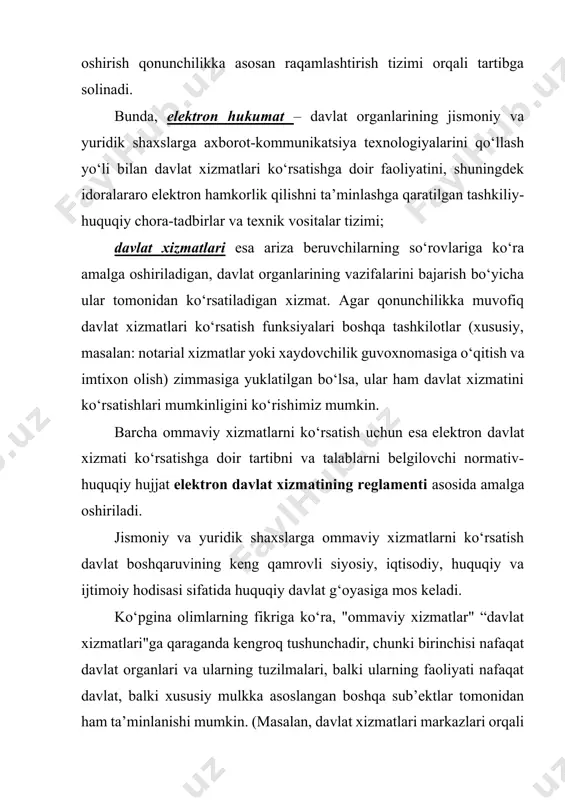 a va ro‘yxatga olish ma’lum bir miqdordagi pul mablag‘iga, arxiv xujjatlarini so‘rov asosida olish bepul amalga oshiriladi) umumiy ma’noda, davlat (ommaviy) xizmatlari – shaxsning asosiy huquq va erkinliklarini amalga oshirish maqsadida tizimli tarzda barcha davlat organlari va boshqa vakolatli tashkilotlar tomonidan jismoniy va yuridik shaxsning xohishiga ko‘ra, uning shaxsiy ehtiyojlarini amalga tatbiq etish uchun pullik va bepul taqdim etiladigan qonunda nazarda tutilgan xizmat turlari hisoblanadi. hozirgi kunda davlat xizmatlari tizimini rivojlantirish ishlari davom etmoqda. uning asosiy yo‘nalishlariga quyidagilar kiradi: - davlat xizmatlarini ko‘rsatishda, davlat funksiyalarni, shu jumladan nazoratni amalga oshiruvchi va boshqa tashkilotlar bilan hamkorlikda idoralararo axborot almashshinuv hamkorligini yanada rivojlantirish. - ommaviy xizmat ko‘rsatishning ro‘yxatga olish modelini amalga oshirish, unga muvofiq xizmatlarni taqdim etish natijasi elektron reestrga kirish hisoblanadi. -ommaviy xizmat ko‘rsatishning barcha turlarini eksterritorial prinsipini birlashtirish va kengaytirish asosida amalga oshirish - ommaviy xizmatlarni taqdim etishning muqobil kanallarini ishlab chiqish, ko‘p kanalli tamoyillarini joriy etish va bitta xizmatni …