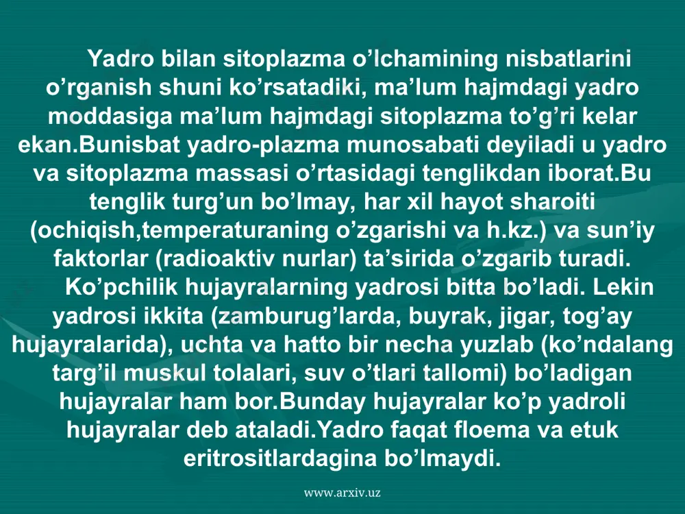 jayrasida bir necha yuztagacha) bo’lishi mumkin. www.arxiv.uz www.arxiv.uz tekshirishlardan ma’lum bo’lishicha, yadrocha moddasi nukleolonema ipchalardan iborat iborat bo’lib,sitologlarning fikricha,ular xromosomalarning shakllanishida ishtirok etar ekan. nukleolonemalar o’z navbatida,eng soda ipchalar – nukleonemalardan iborat bo’lib,ularning qalinligi 80-100 a keladi. ularning ustida kattaligi 150 a keladigan yuqori polimer rnk dan iborat yumaloq ribosomalar joylashadi. yadrocha mayda, ko’pincha sharsimon, yoki elipsimon to’zilma. unda rrnk sintezi amalga oshadi. u interfaza yadrosining doimiy kompanentidir. uning soni 1-3 ta bo’lishi mumkin. yadrocha moddalari submikroskopik ipchalardan iborat.. www.arxiv.uz www.arxiv.uz yadrocha yadroga nisbatan kuyukdir. yadrochani ximiyaviy tarkibi oqsillar, fosfolipidlar va rnk dan iborat. yadrocha 3-7% rnk, 80-85% oqsil bor. uning tarkibida bog’langan fosfatlar va sa, k, ge, md kabilar uchraydi. yadrocha 1 ta va 2ta bo’lib, xromosomalar bilan boglangan va bular yadrocha hosil qiluvchi xromosomalar deyiladi. tirik hujayralarning kuzatish asosida moddalarning yadrochadan sitoplazmaga migrasiyasi kuzatilgan, elektron mikroskop tadqiqotlardan yadrocha hujayra bo’linishning profaza bosqichi oxirlarida erib ketadi, telofazada yana paydo …