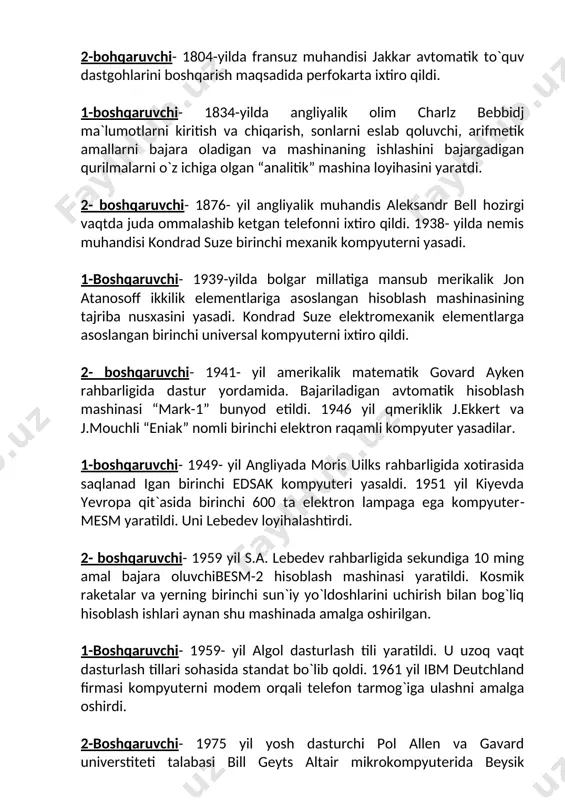 rli printerlarni sotuvga chiqardi. 1-boshqaruvchi- 1976 yil talabalar stefan voznyak va stiven jobs gaarajda apple-1 kompyuterini yasab, apple korporatsiyasiga asos solishdi. 1983 yil apple compyuters korporatsiyasi “sichqoncha” bilan boshqariladigan birinchi ofis kompyuteri-“lisa” shaxsiy kompyuterini ishlab chiqdi. 2-boshqaruvchi- sistema bloki displey va klaviatura bilan birlashtirilgan birinchi laptop tipidagi kompyuter ishlab chiqildi. 1993 yil intel firmasi pentium mikroprotsessorini ishlab chiqardi. 1-boshqaruvchi- endi “sharada” oyinini o`tkazamiz. o`yin sharti qog`ozlarda informatikaga oid atamalarning yarmi katta qilib yozilgan, ularning to`liq nomi yoziladi: masalan, - matika, informatika, alg-, algoritm, kom-, kompyuter… ( 2- o`quvchi qog`ozlarni ko`rsatadi, zaldagi o`quvchilar topadilar) ( - tura ) ( disk- ) ( - dow ) ( mo- ) 1-boshqaruvchi- endi quyidagi savollarga javob izlang. to`g`ri javob bergan o`quvchilar ustozlar tomonidan baholab boriladi: a)kompyuterning asosiy qurilmalari nimalardaan iborat? b) windows qanday ma`noni anglatadi? 2-boshqaruvchi- c) kompyuter xonasida nimalar mumkin emas? d)kompyuterning qo`shimcha qurilmalarini ayting. e) rasm chizish uchun qaysi dasturlardan foydalanamiz? 1- …